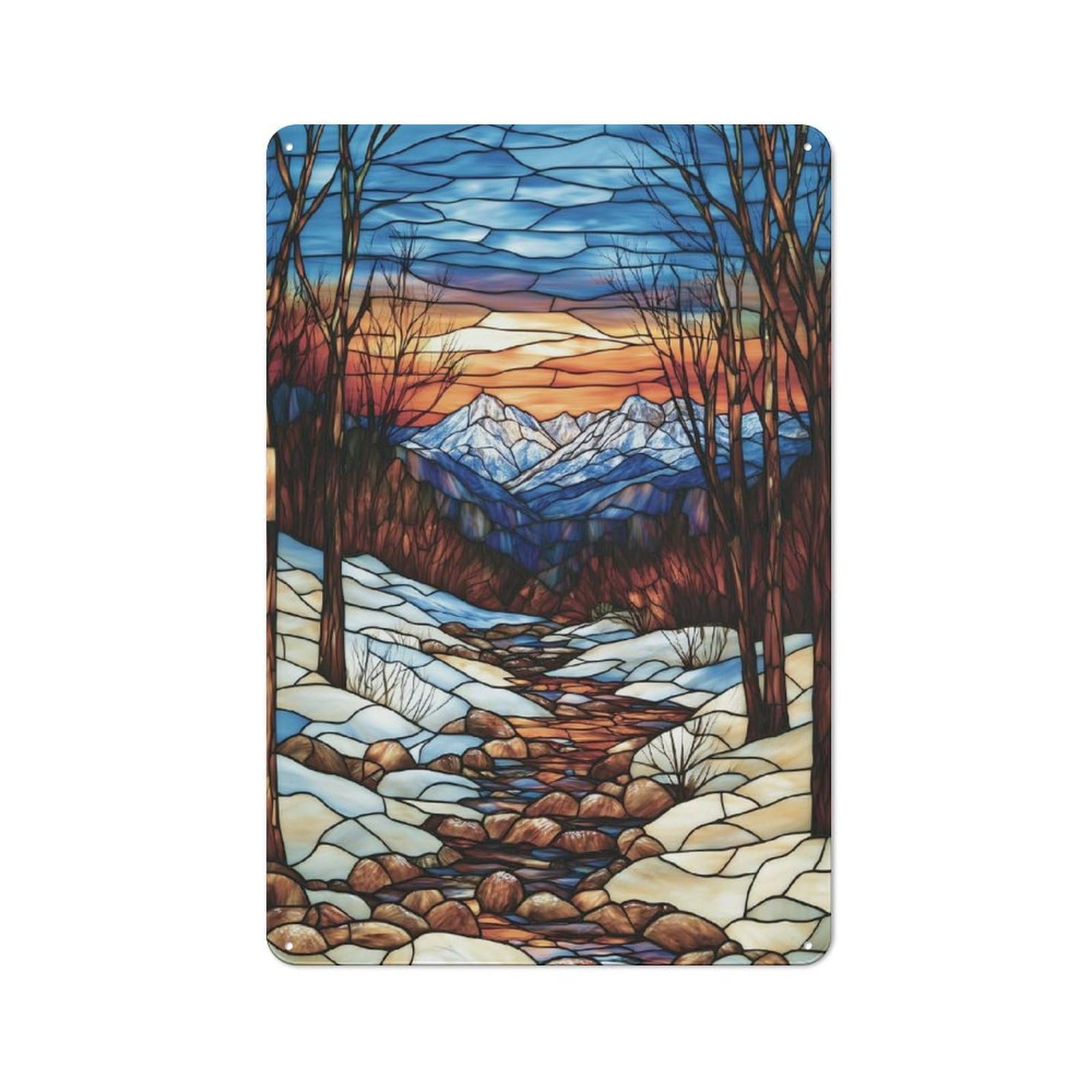Junmoney Style-17 Tin Wall Plaque 30X20cm With Stained Glass Mountain Stream For Workshop Wall, Housewarming Wall Decor For People Furnishing Workshop