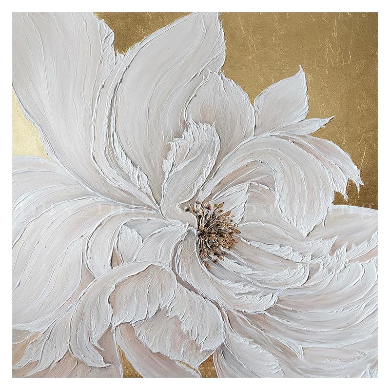 Peinture à l'huile abstraite grand format pivoine blanche feuille d'or pour bureau