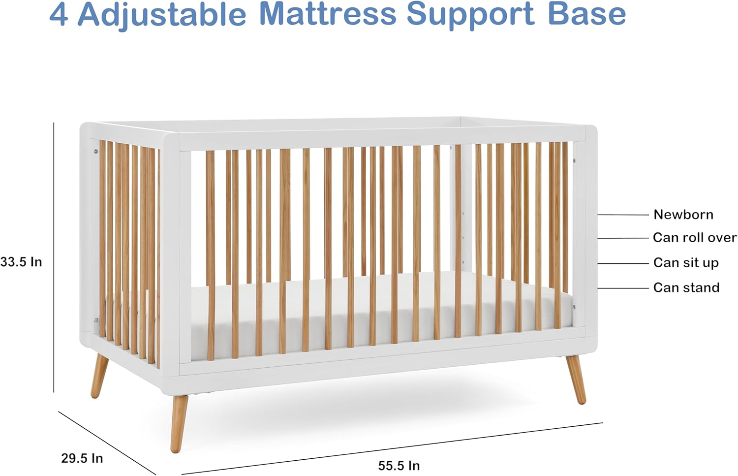 Tatum 3-in-1 Convertible Crib, White/Natural Finish, Solid Wood, Adjustable Mattress Height, Converts to Toddler Bed & Daybed, Fits Standard Full-Size Crib Mattress