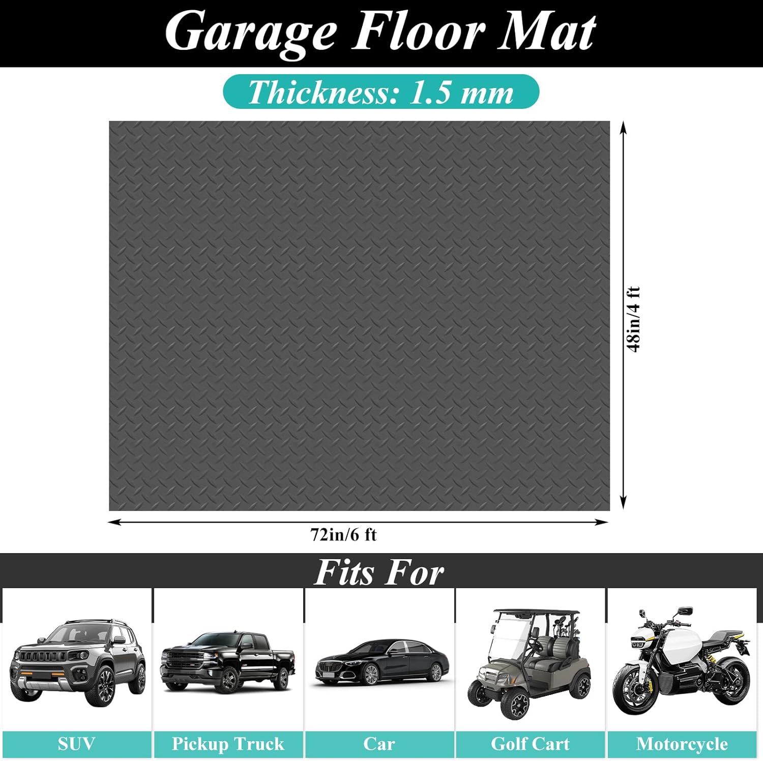 4 x 6 FT Garage Floor Mat, 1.5mm Thick Diamond Plate PVC Garage Flooring, Waterproof Trailer Mat Floor Protection for Home, Gym, Garage and Vehicles – Grey