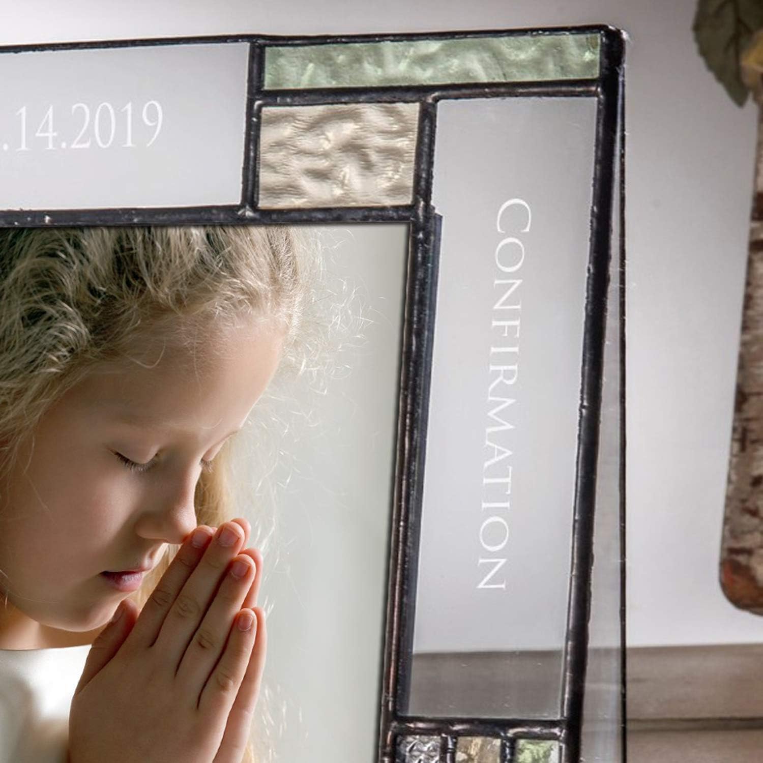 J Devlin Glass Art Stained Glass Confirmation Picture Frame – Personalized Gift, Laser Engraved with Name & Date, Vertical 4x6 Photo Frame, Keepsake