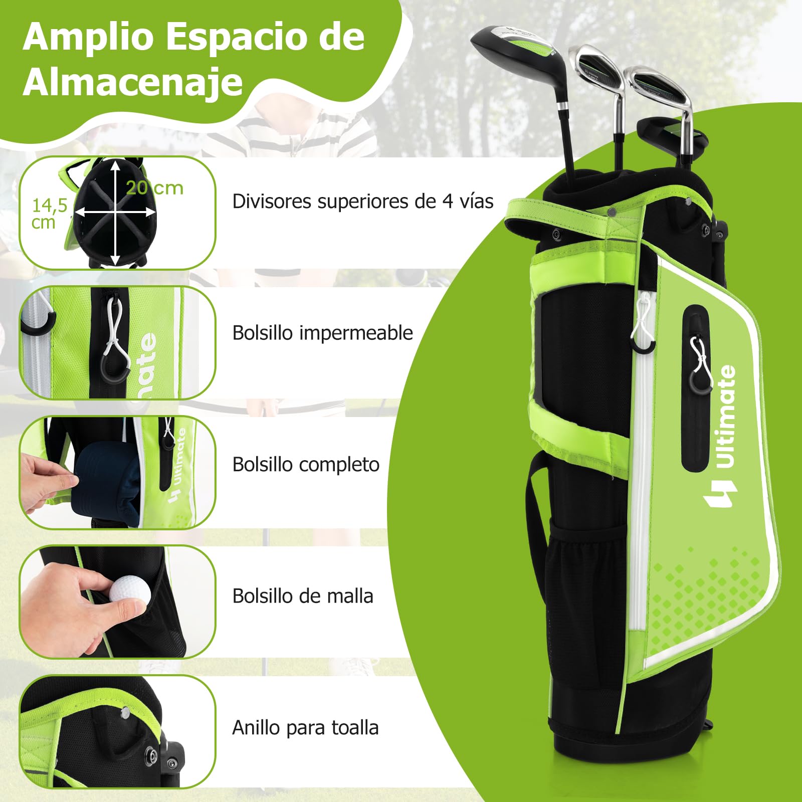 GYMAX Juego De Palos De Golf, para Niños Diestros De 5 A 7 Años, Incluye Fairway De Madera N.° 3 con Cubierta para La Cabeza, Hierros N.° 7 Y N.° S, Putter Y Bolsa con Capucha
