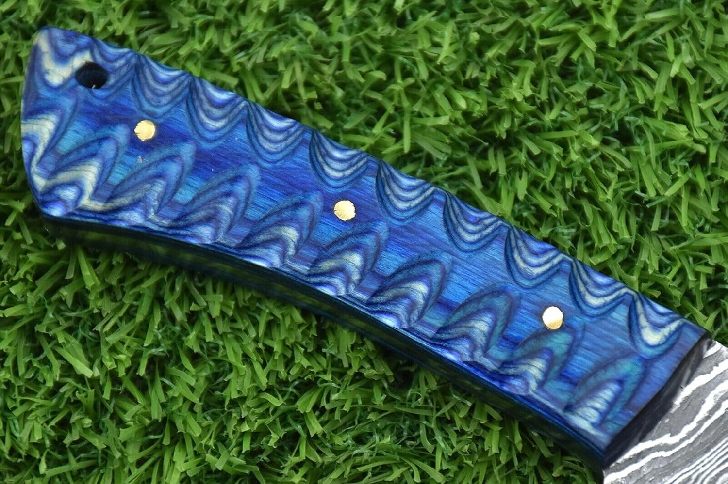 Generic Damascus steel skinning knife with Leather sheath, 8.5"" long with 4"" long straight back blade, Blue color wood scale jigged with sturls and lace hole