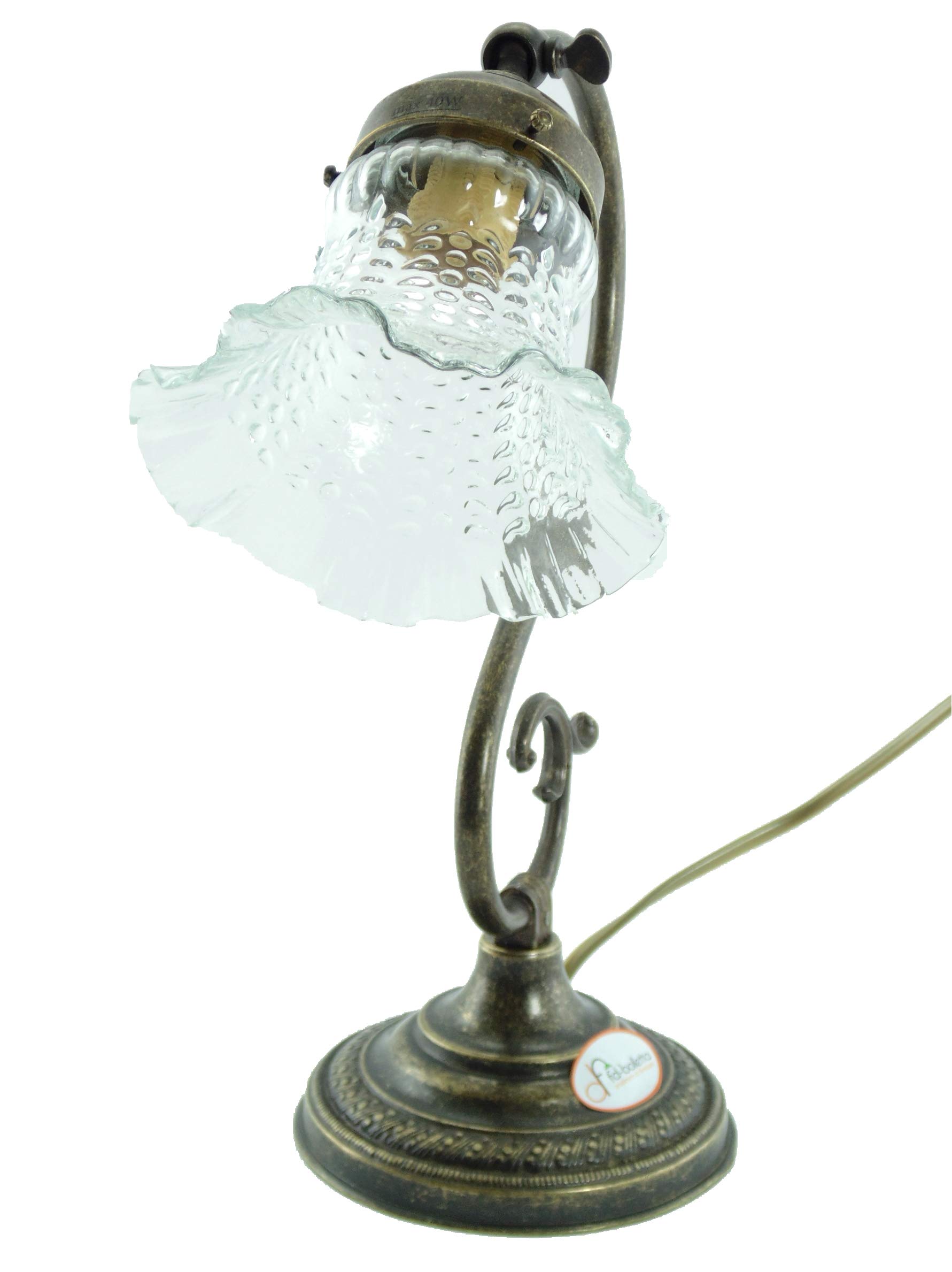 Lampada ottone da comodino,tavolo,scrivania,illuminazione per interni con paralume vetro trasparente s20 Misure:H 32cm,Ø vetro 14cm,Ø base 13cm