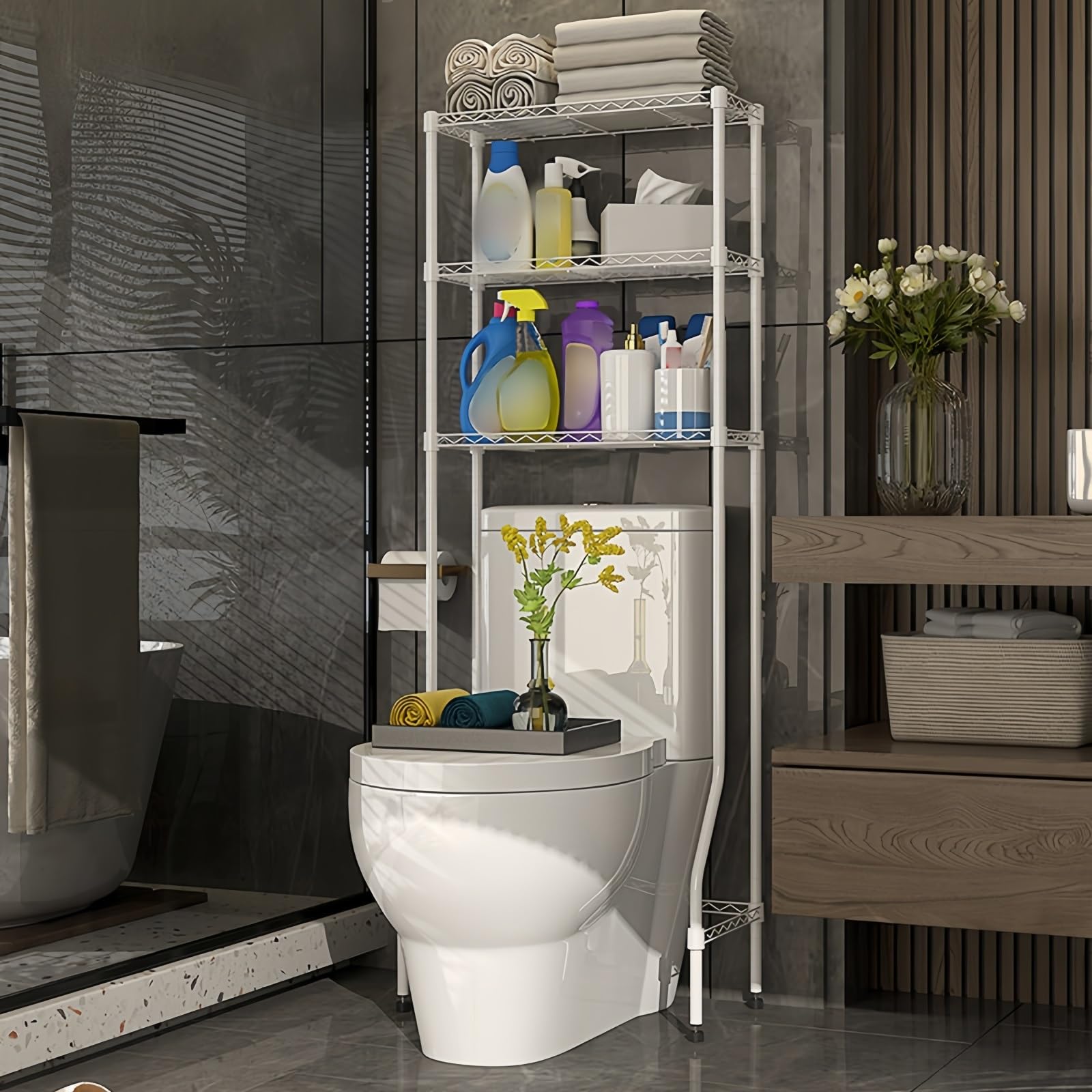 Estante de almacenamiento sobre el inodoro, ajustable y duradero, diseño de varios niveles para organización de baño y lavandería