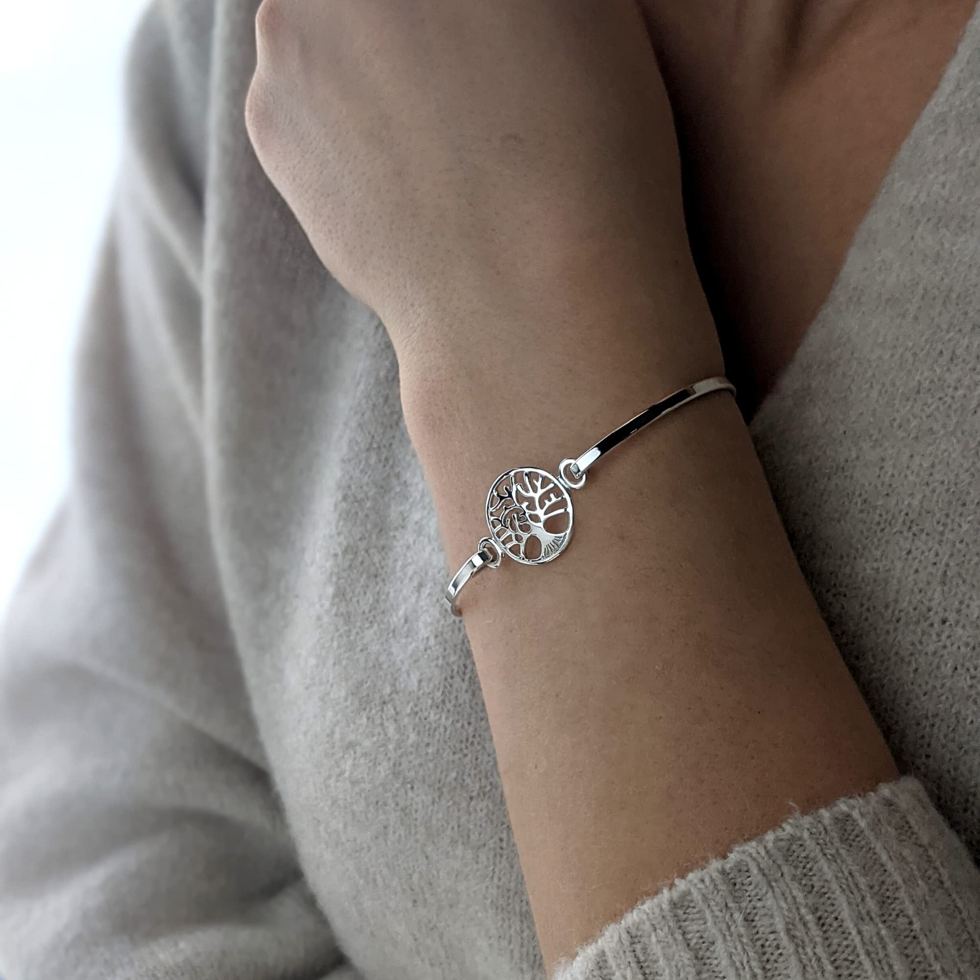 Silverly Bracciale in Argento Sterling 925 con Albero della Vita per Donna | Braccialetto in Argento Massiccio con Ciondolo Celtico da Impilare | Chiusura a Pressione con Gancio