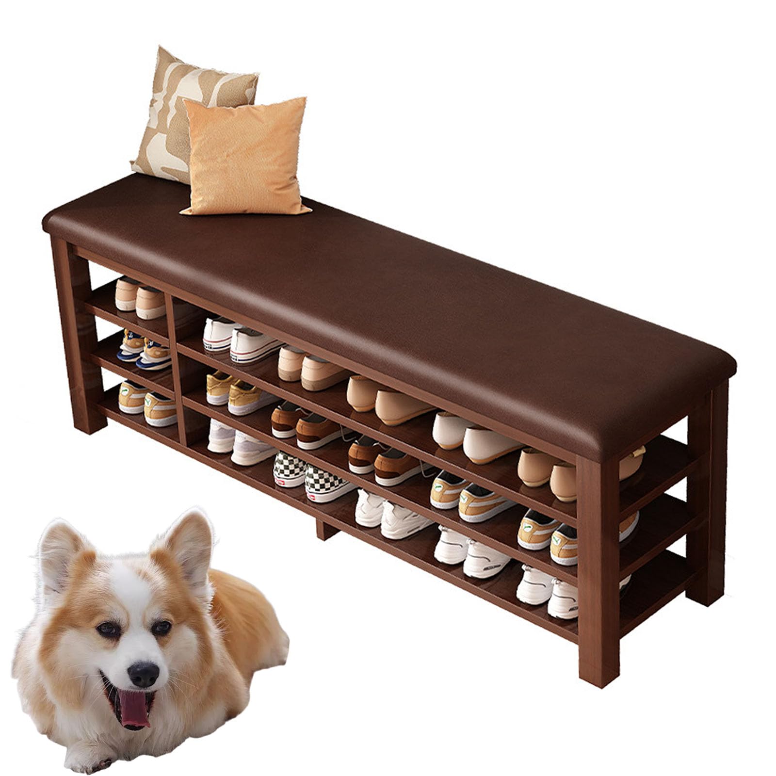 Banco de almacenamiento de zapatos duradero de 100 cm para exteriores con asiento de madera, elegante diseño de rejilla, zapatero móvil perfecto para uso en puerta delantera, color marrón.