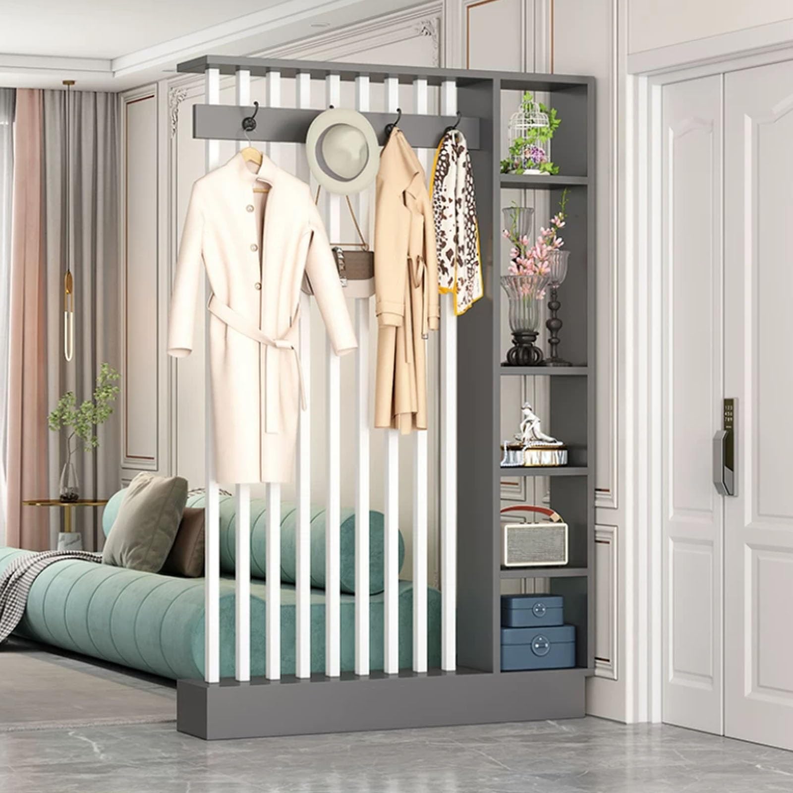 Multi-Functional Entry Hall Storage Rack Wood Room Divider Screen,room divider with shelves,Freestanding Privacy Partition with Coat Rack and Display Shelf for Home Office(Gray+White,120cm/47.2'')