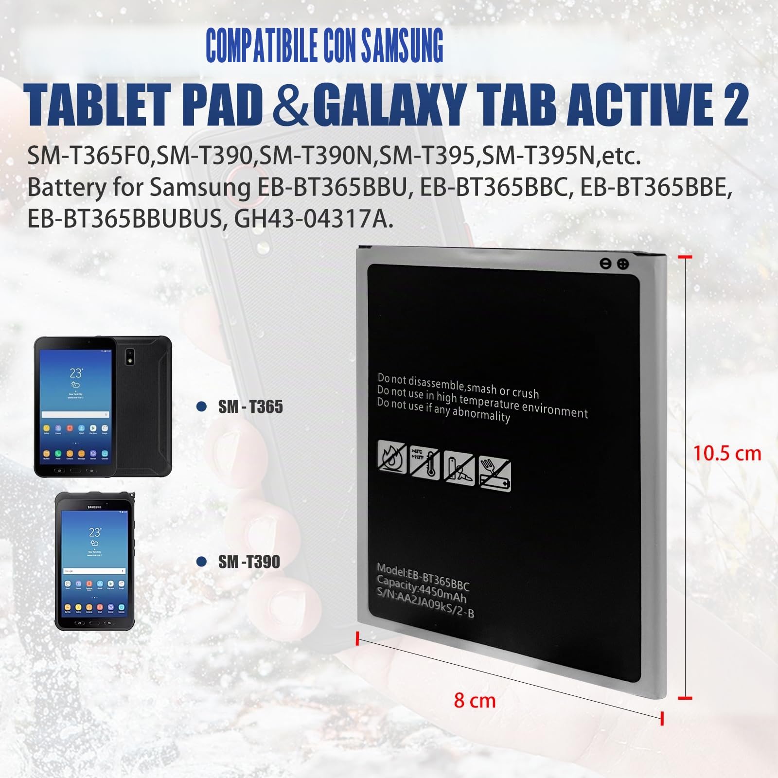 Batteria di ricambio per Samsung Galaxy Tab Active, Galaxy Tab Active 2, SM-T365F0, SM-T390, SM-T390N, SM-T395, SM-T395N, batteria di ricambio per Samsung EB-BT365BBU, GH43-04317A, ecc