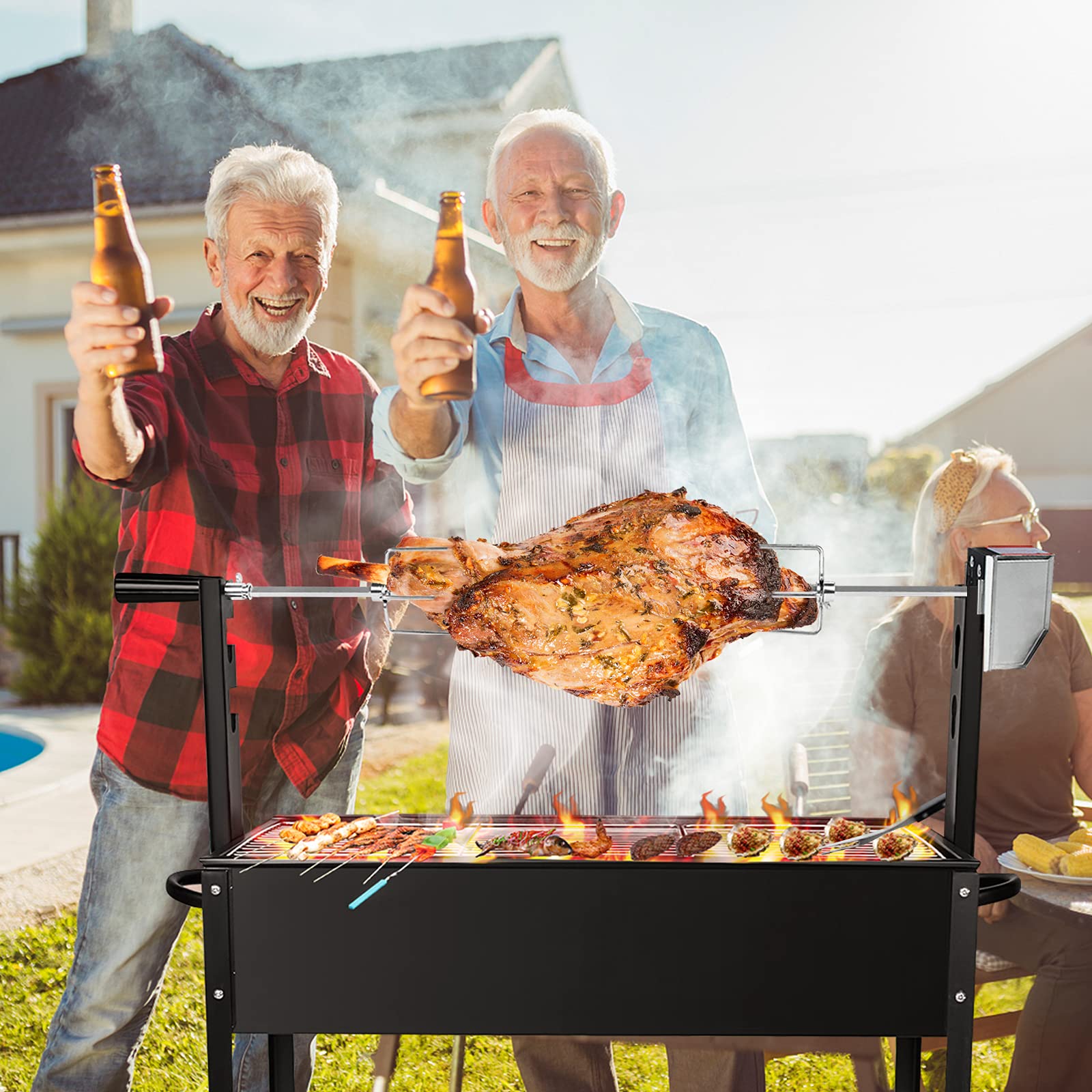 Froadp 220-240V Asador Eléctrico Giratorio para Barbacoa, Asador de Acero INOX con 4 Agujas para Carne, Kit de Asador de Pollo Asado con Motor, Asador Barbacoa para Parrilla de Gas BBQ