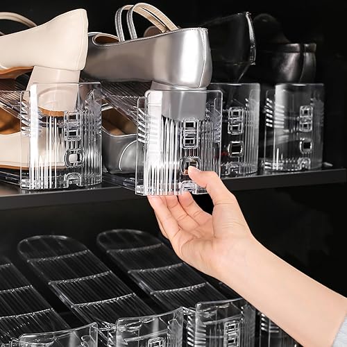 Miniatura 8 de Organizador de ranuras para zapatos, paquete de 10 unidades, apiladores de zapatos, 3 niveles ajustables, ahorro de espacio del 50%, soportes de
