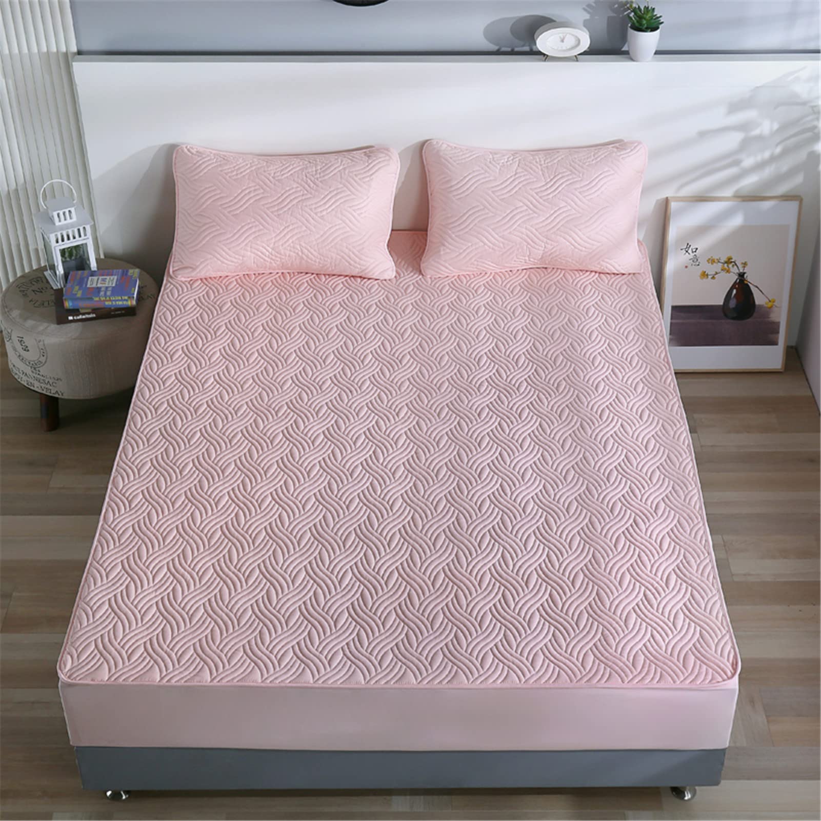 Protector Colchón, Protector de colchón Acolchado con Triple Relleno, Funda Colchon de Rizo Transpirable y Hipoalergénico, Antiácaros (Rosa - A,Thin 100x200cm)