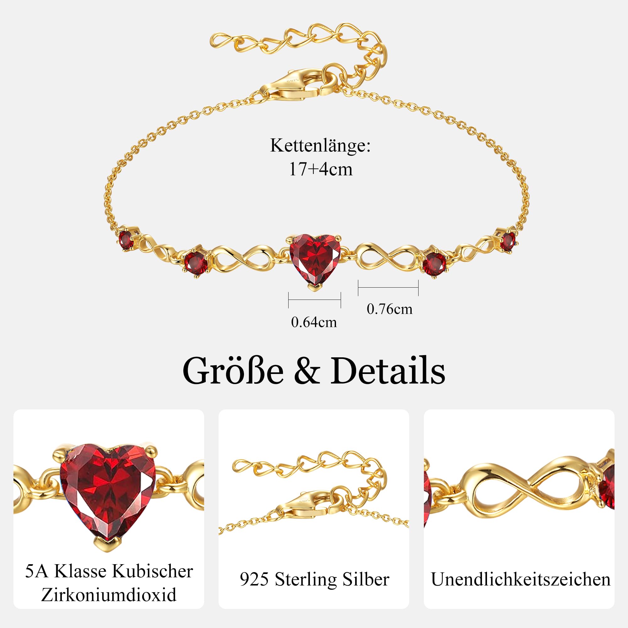 G&GEMSJEW Infinity Heart Armband Damen 925 Sterling Silber Herz Geburtsstein Armbänder verstellbar, Valentinstag Geburtstag Schmuck Geschenke für Frauen Frau Mama Freundin