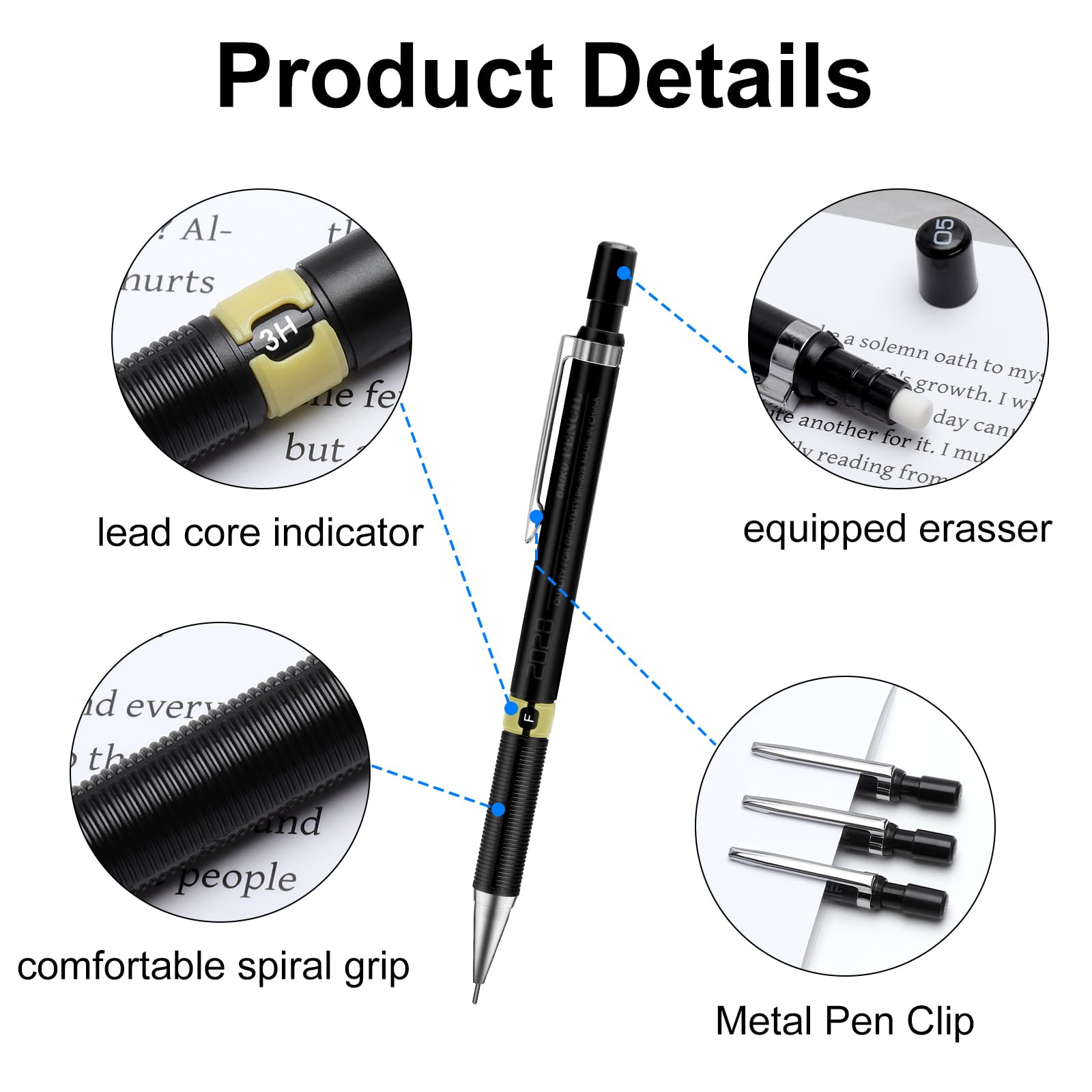 Set 4 Matite Meccaniche Professionali – Mine 0.3, 0.5, 0.7, 0.9 Mm – Con 48 Ricariche HB E 4 Gomme – Per Scrittura, Disegno E Schizzi - 2