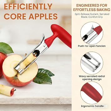Apple Corer Remover, Apple Slicer Cutter, Apple Cutter with Serrated Stainless Steel Blade and Ergonomic ABS Handle, Easy to Clean & Use Apple Corer and Slicer (Red)