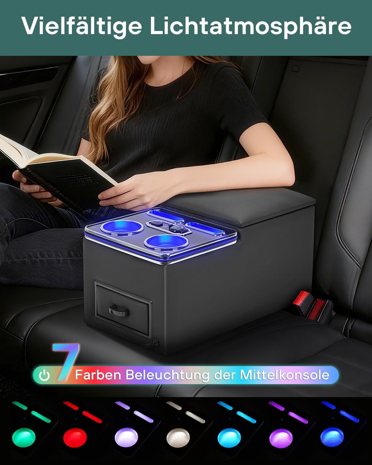 Mittelkonsole Auto mit Ablagen Staufach, Upgrade Mittelkonsole Organizer Auto mit 7 Farben LED-Leuchten und USB, Universal Mittelkonsole Auto Rückbank & Beifahrersitz für Bus,LKW,Van,SUV,Auto