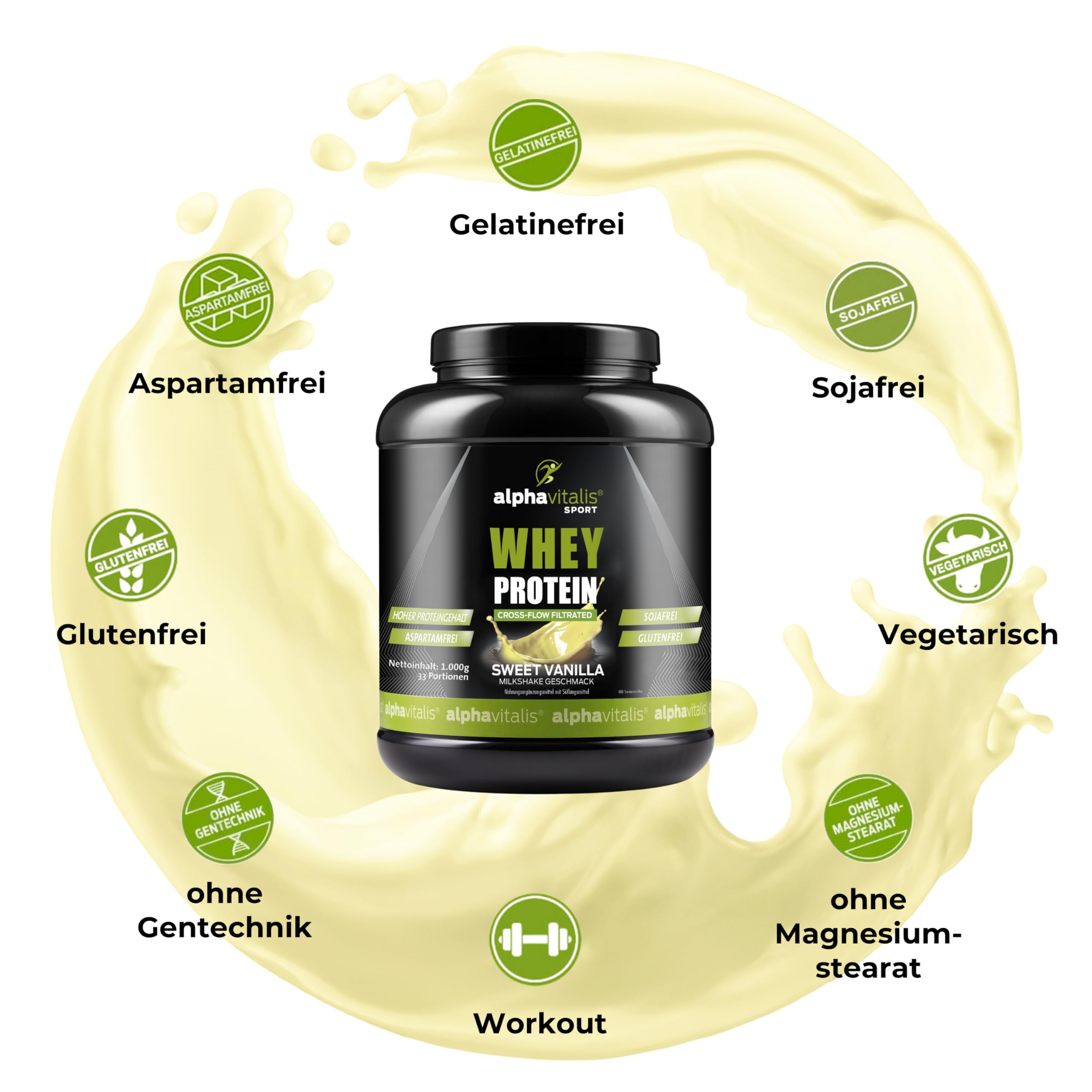 Whey Protein Pulver 1000g - leckeres Eiweißpulver für Proteinshakes, Kraftsport und Fitness - WPC cross flow mikrofiltiert CFM - Muskelaufbau Shake - Eiweißshake Vanille Milkshake