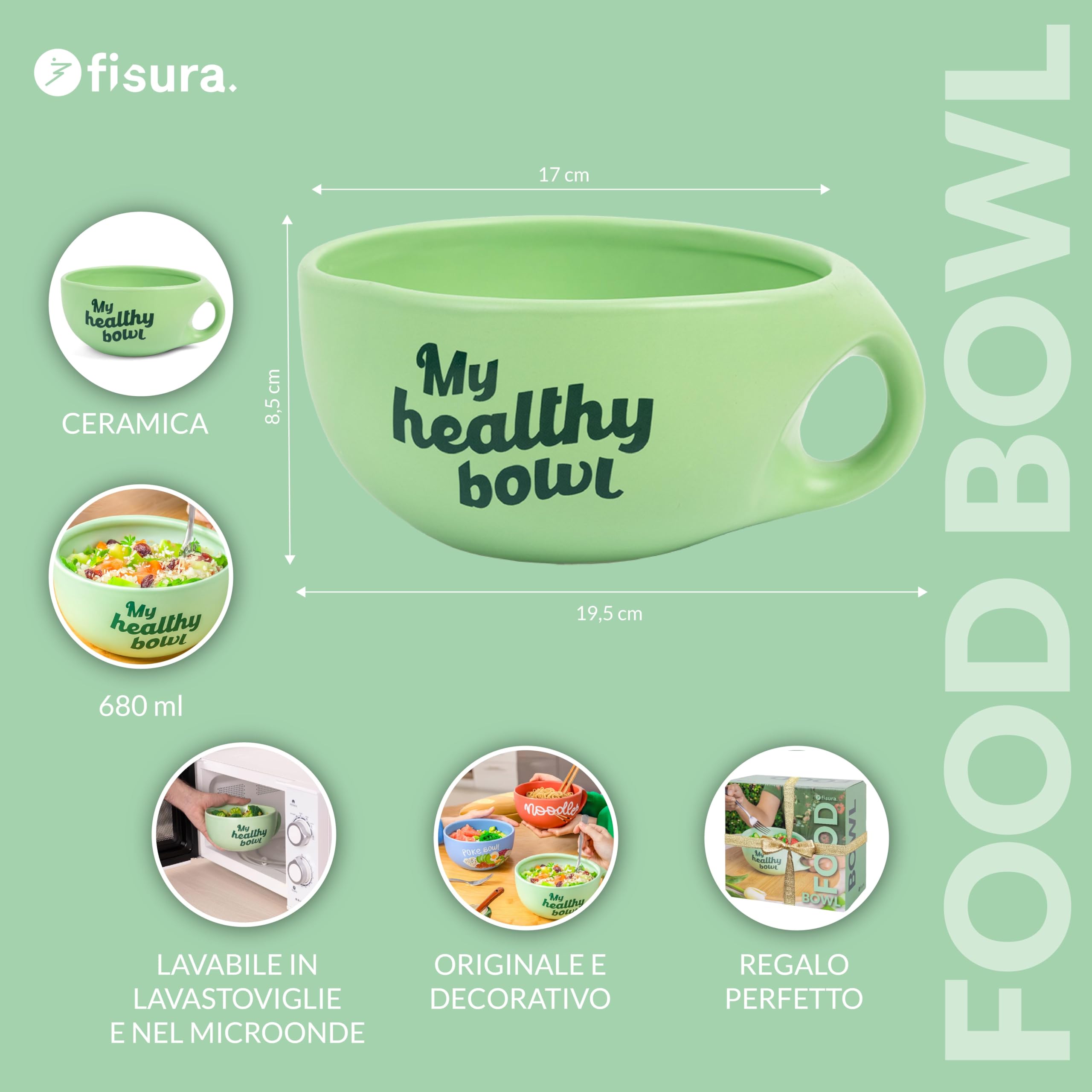 Fisura – Ciotola insalata verde My Healthy Bowl. Grande ciotola colazione originale. Scodella in ceramica 680 ml per zuppa, insalata o cereali. 19,5 cm x 8,5 cm