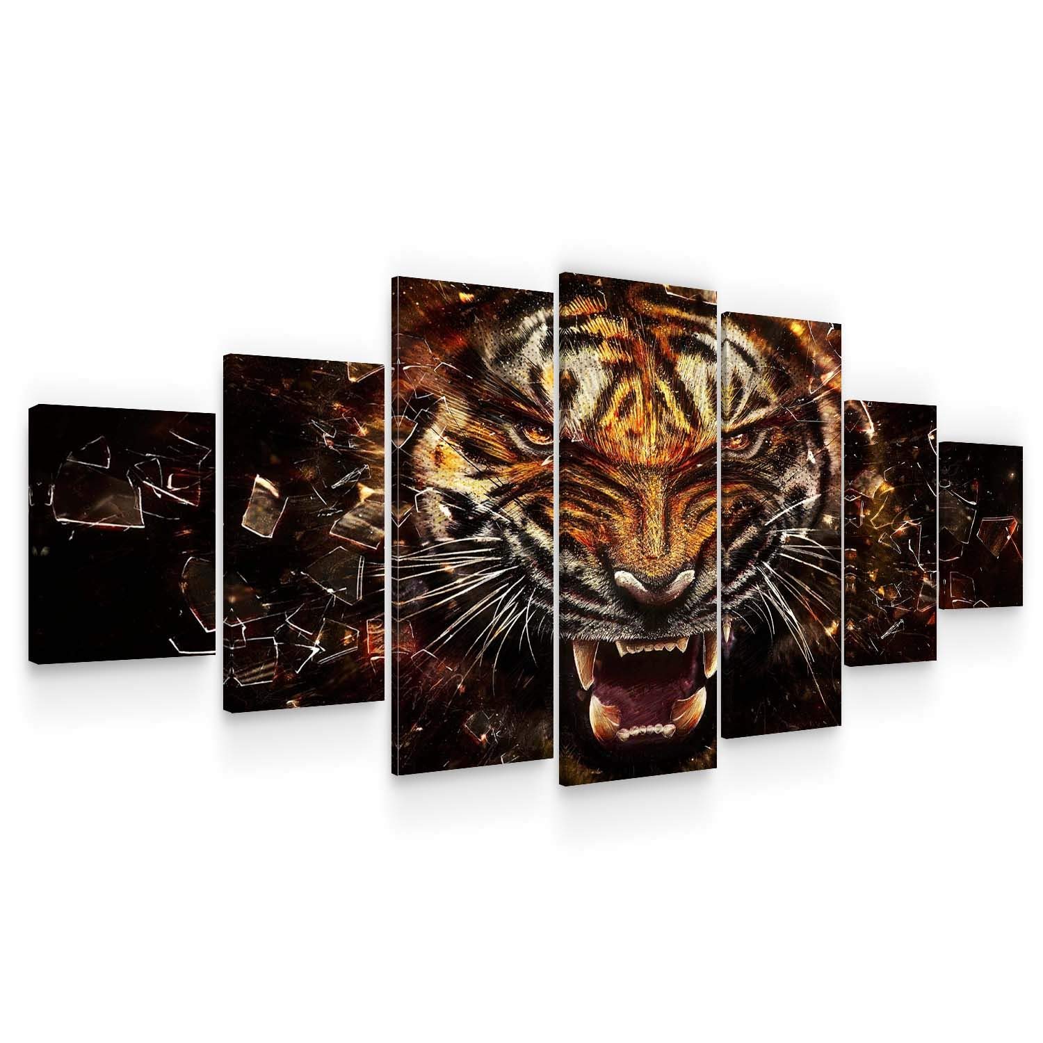Startonight Huge Canvas Wall Art - Powerful Tiger - Home Decor - Dual View Surprise Artwork Modern Framed Wall Art Set of 7 Panels Total 100 x 240 cm