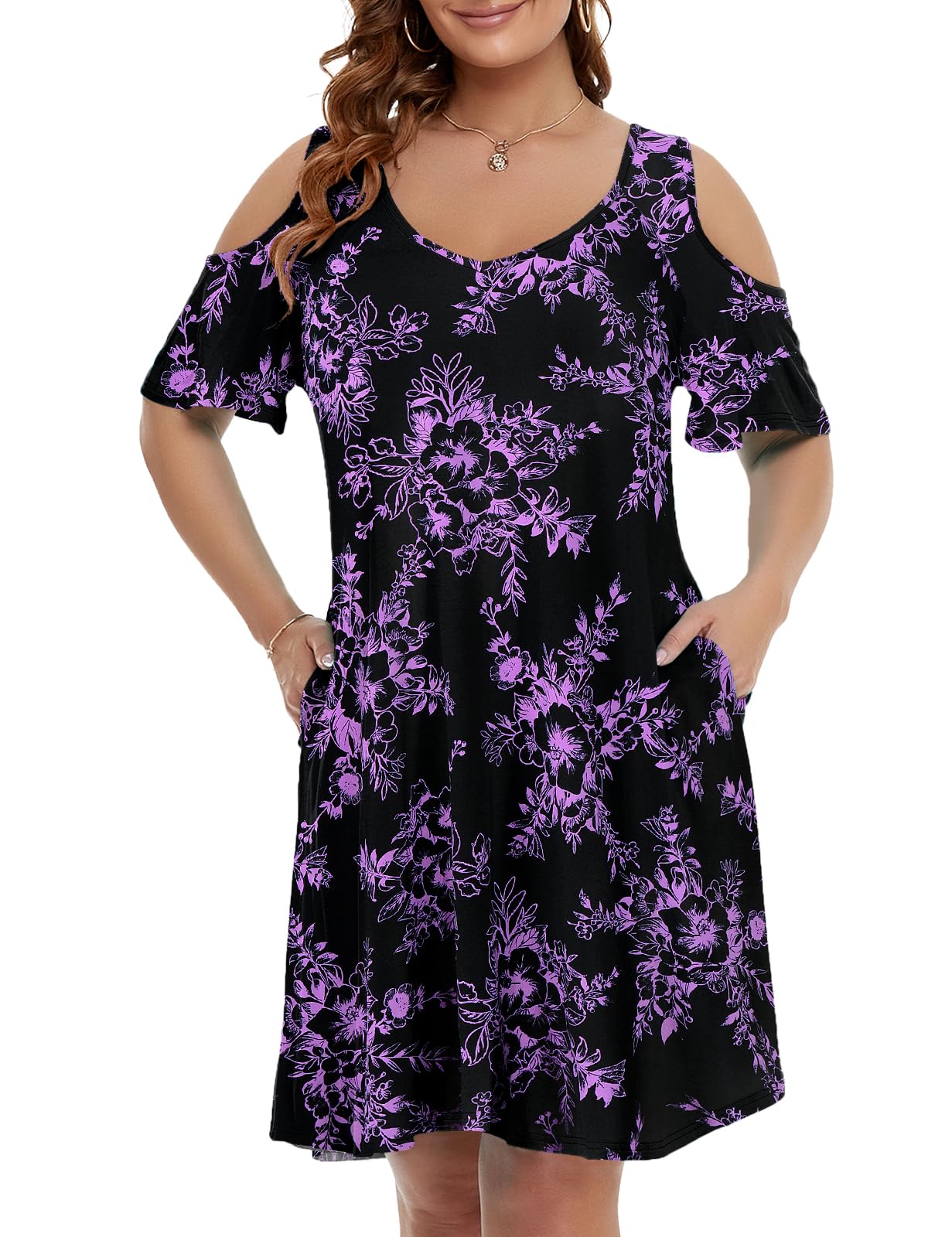 JollieLovin Womens Plus Size Short Sleeve Cold Shoulder V Neck T-Shirt Dress with Pockets