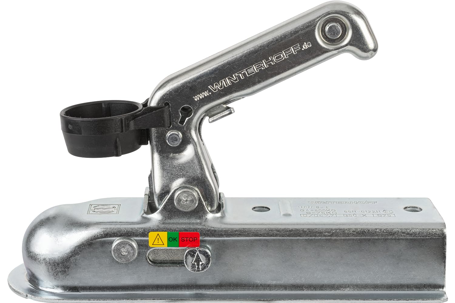 WINTERHOFF Kugelkupplung WW 8-E+HAL für Anhänger bis 800 kg, Vierkantdeichsel 50 mm, Stützlast 75 kg, Lochabstand 90 mm, Ø11 mm, mit Steckdosenhalter, Verschleißanzeige, verzinkt