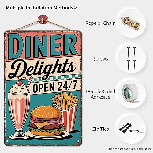 Miniatura 3 de Cartel de metal de 8 x 12 pulgadas, letrero de metal vintage con delicias de comedor  Burger Fries Milkshake 50s Retro American Diner Aluminio Arte