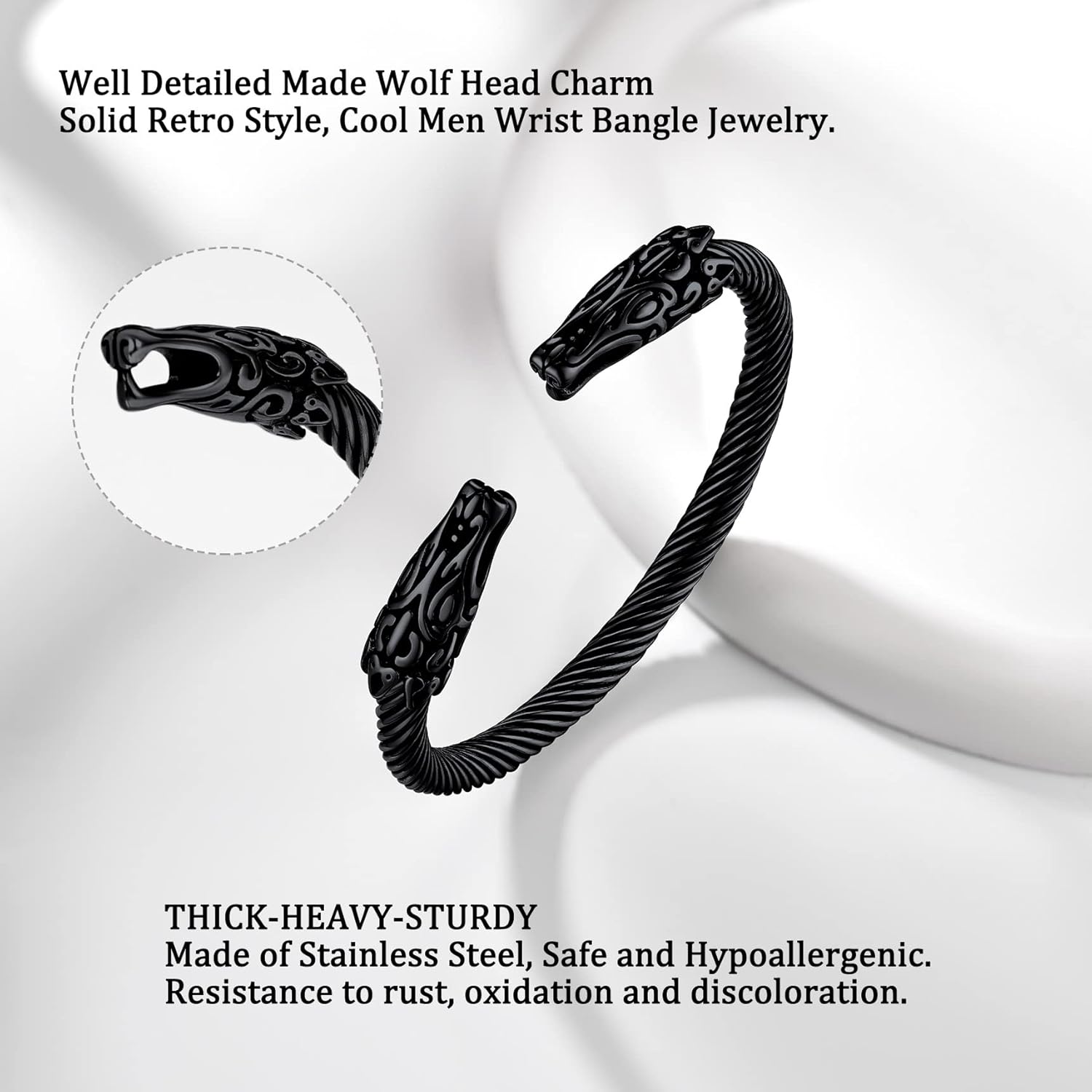 Bestyle Heavy Stainless Steel Viking Cuff Bracelet for Men Boy, Open Adjustable Bangle Raven/Wolf/Rune Bracelet Vintage Retro Cool Viking Jewelry, Gift Package - Image 6