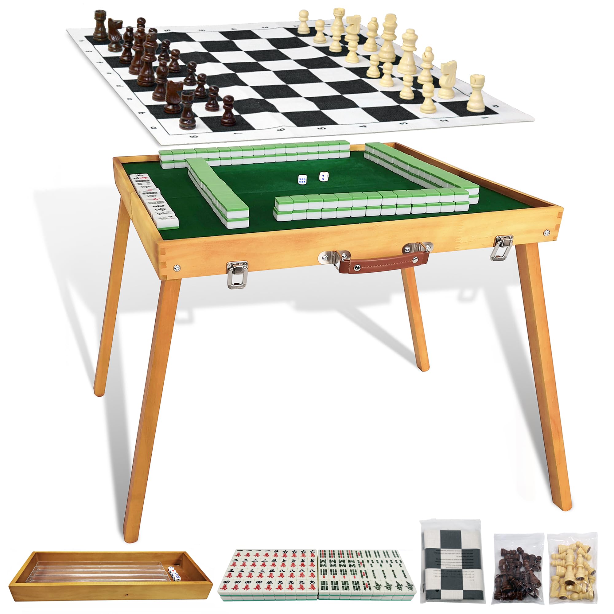 Foldable Mahjong Table with Mahjong Tiles Set,2026 Upgraded Portable Majong Table with 144pcs Tiles,1x Storage Box, 1x Storage Bag and 4 All in One Racks and Pushers,1xchess Pieces[麻将套装]