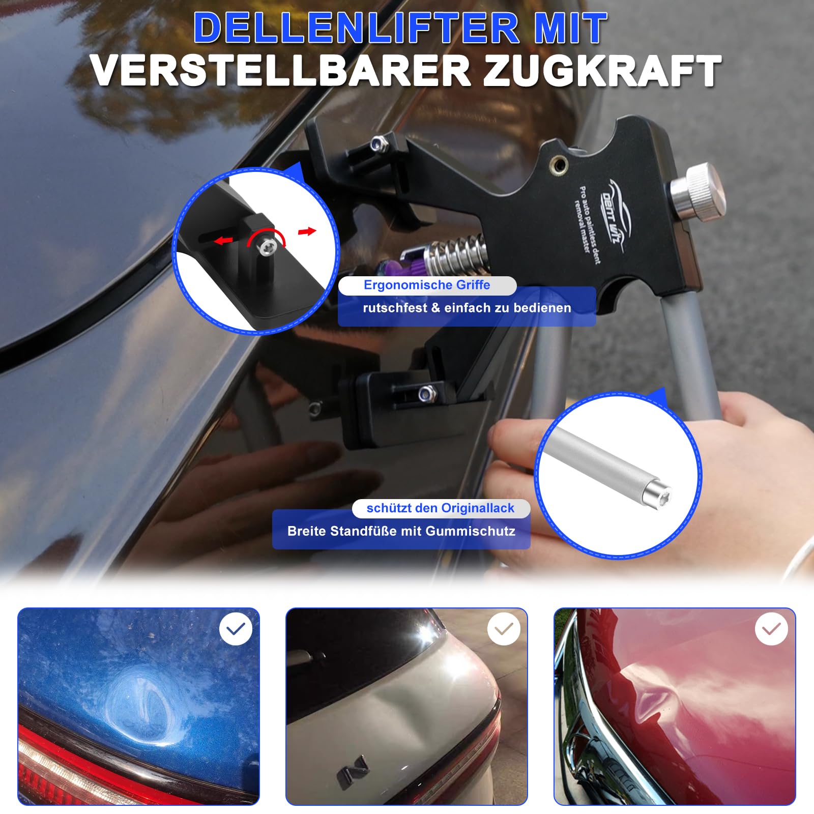 Dellen Reparaturset Auto, Ausbeulwerkzeug mit PDR Stangen, LED PDR Lampe Verstellbar, 2-in-1 T-Griff Abzieher, Leichter Beulenheber & Brückenzieher für Hagelschäden und Beulen