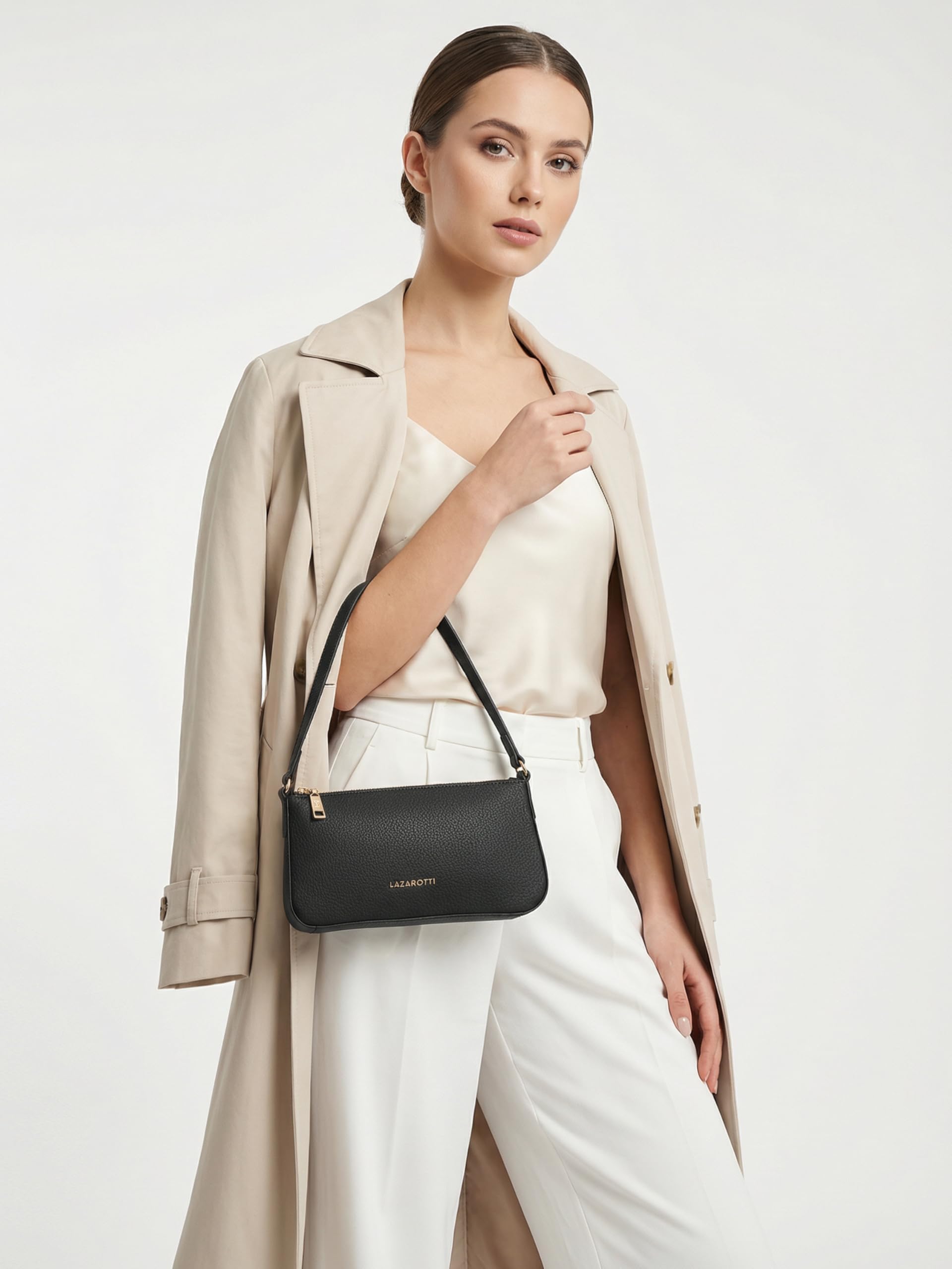 Lazarotti Bologna - Borsa a tracolla da donna in vera pelle, con scomparto laterale, 27 cm