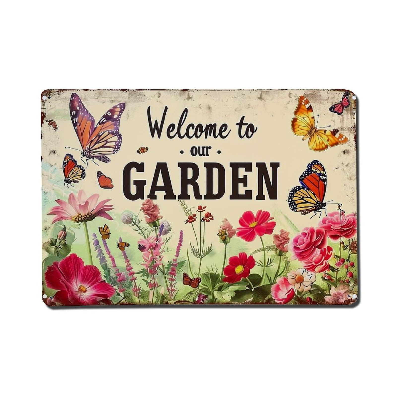 Butterfly Flower Garden Welcome Sign Metal Tin Sign Plaque