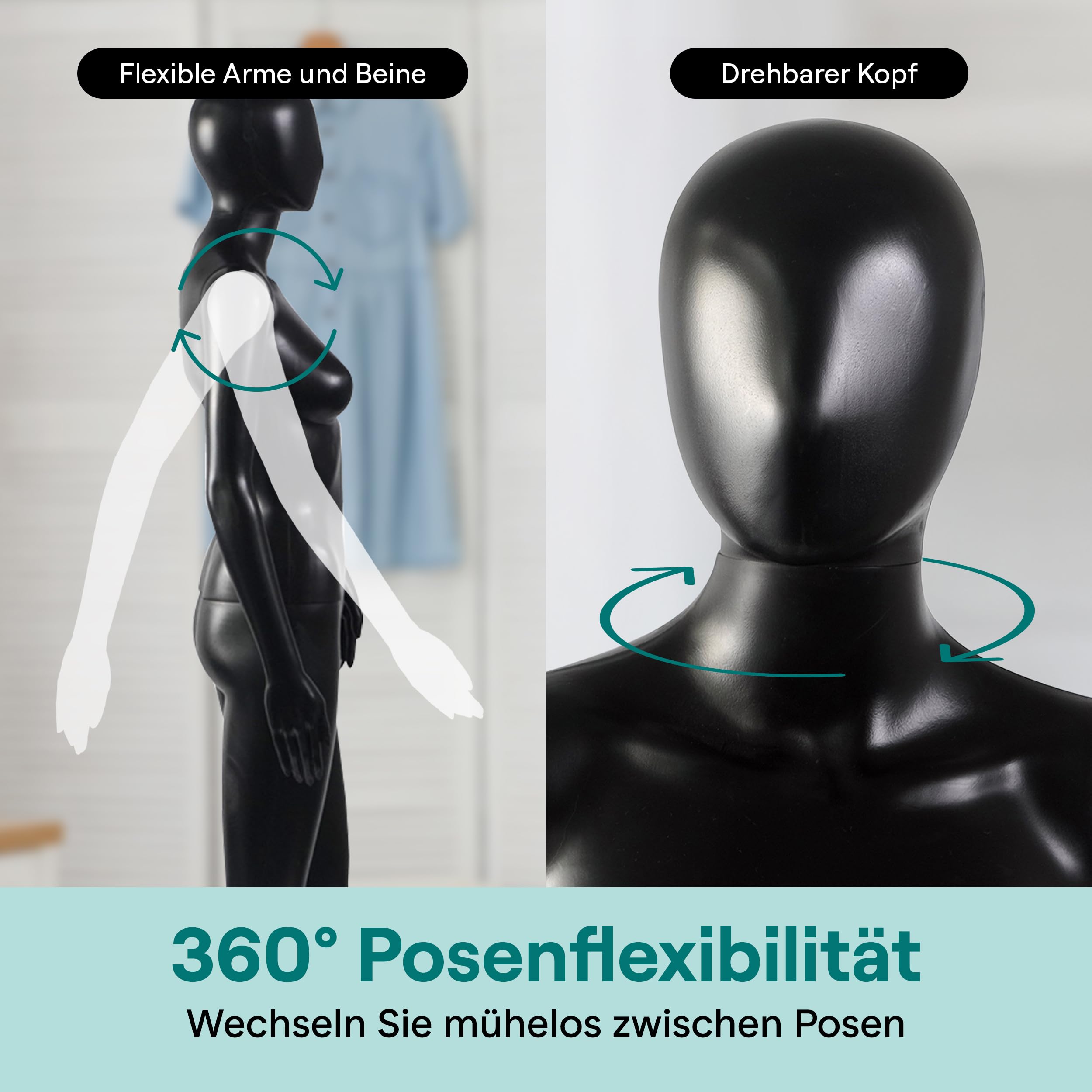 SereneLife Premium Damen-Puppenmodell, 175 cm hoch, Realistisch, Flexiblen Extremitäten, Drehbarer Kopf, Abnehmbarer Körper, Robuster Metallständer, Schwarz
