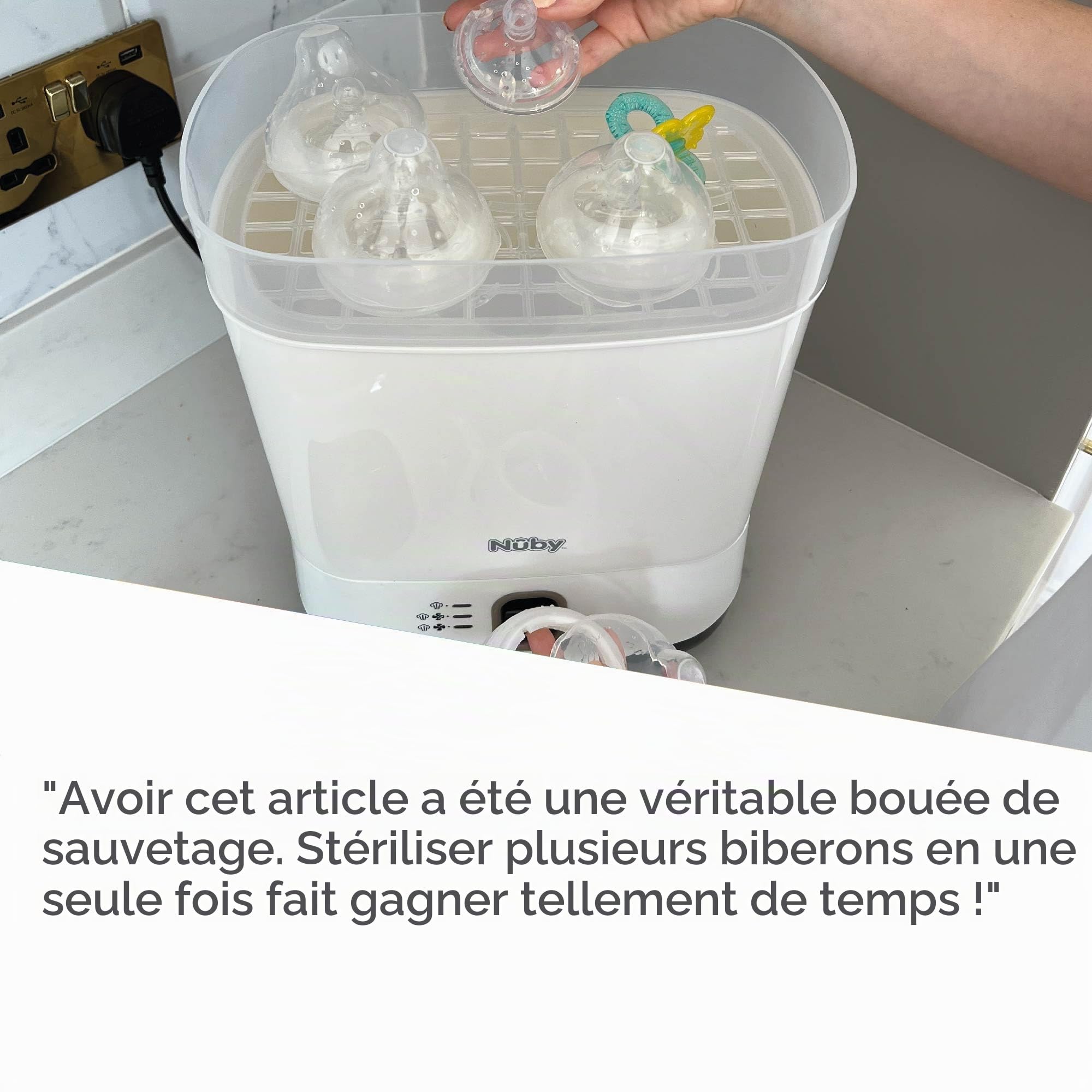 Nuby Stérilisateur et Sèche-biberon, stérilisateur électrique à vapeur blanc, tue 99,9% des germes