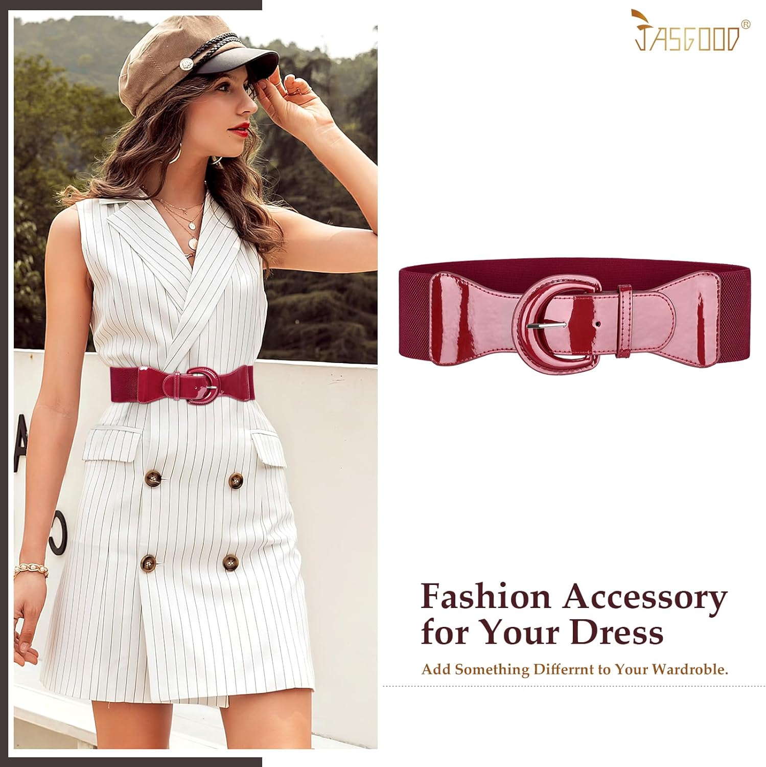 JASGOOD Women Wide Stretch Belt,Vintage Chunky Buckle Elastic Waist Belts Patent Leather Belt 50s Belt for Dress - Image 2