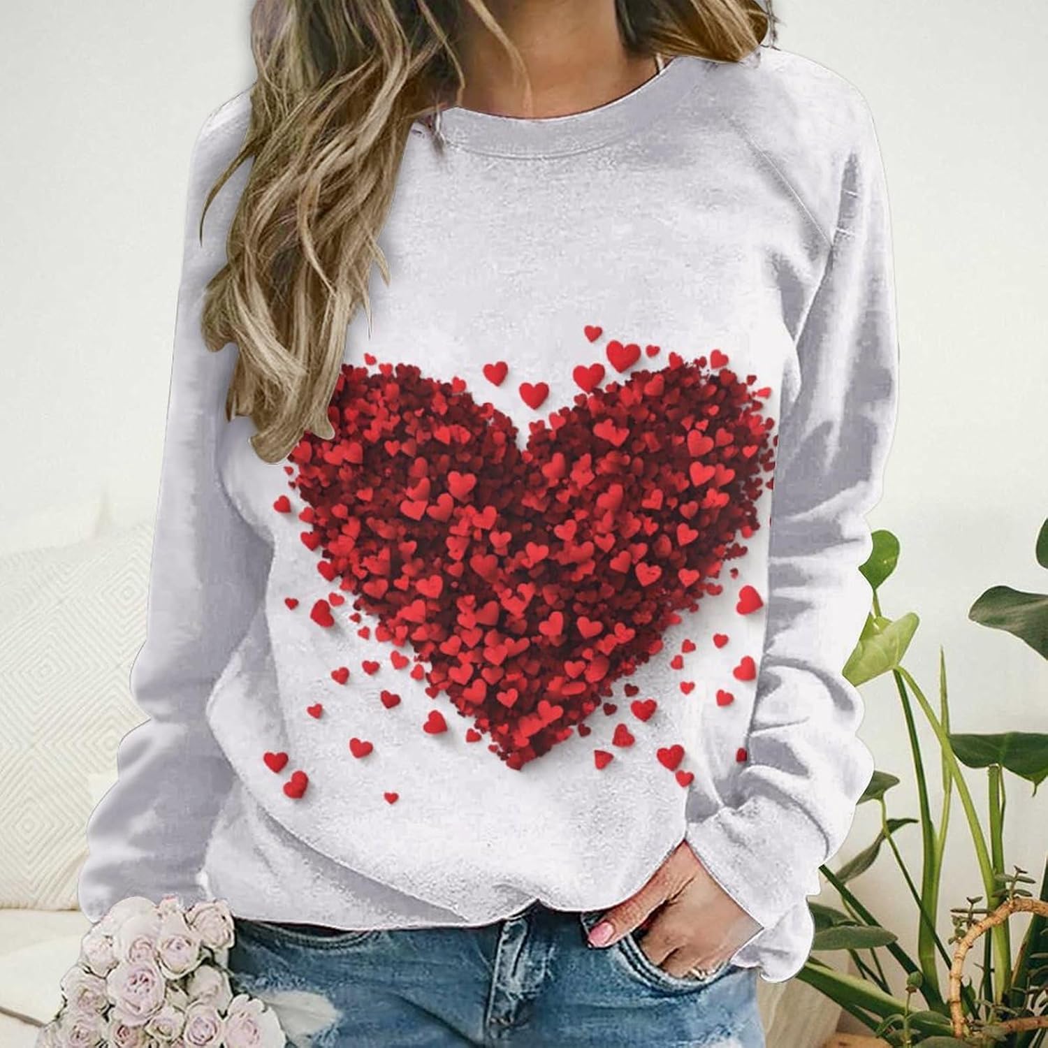 Valentine's Day Sweatshirt Women Flower Love Heart Graphic Shirts Long Sleeve Crewneck Sweatshirts Y2k Hoodie image 2