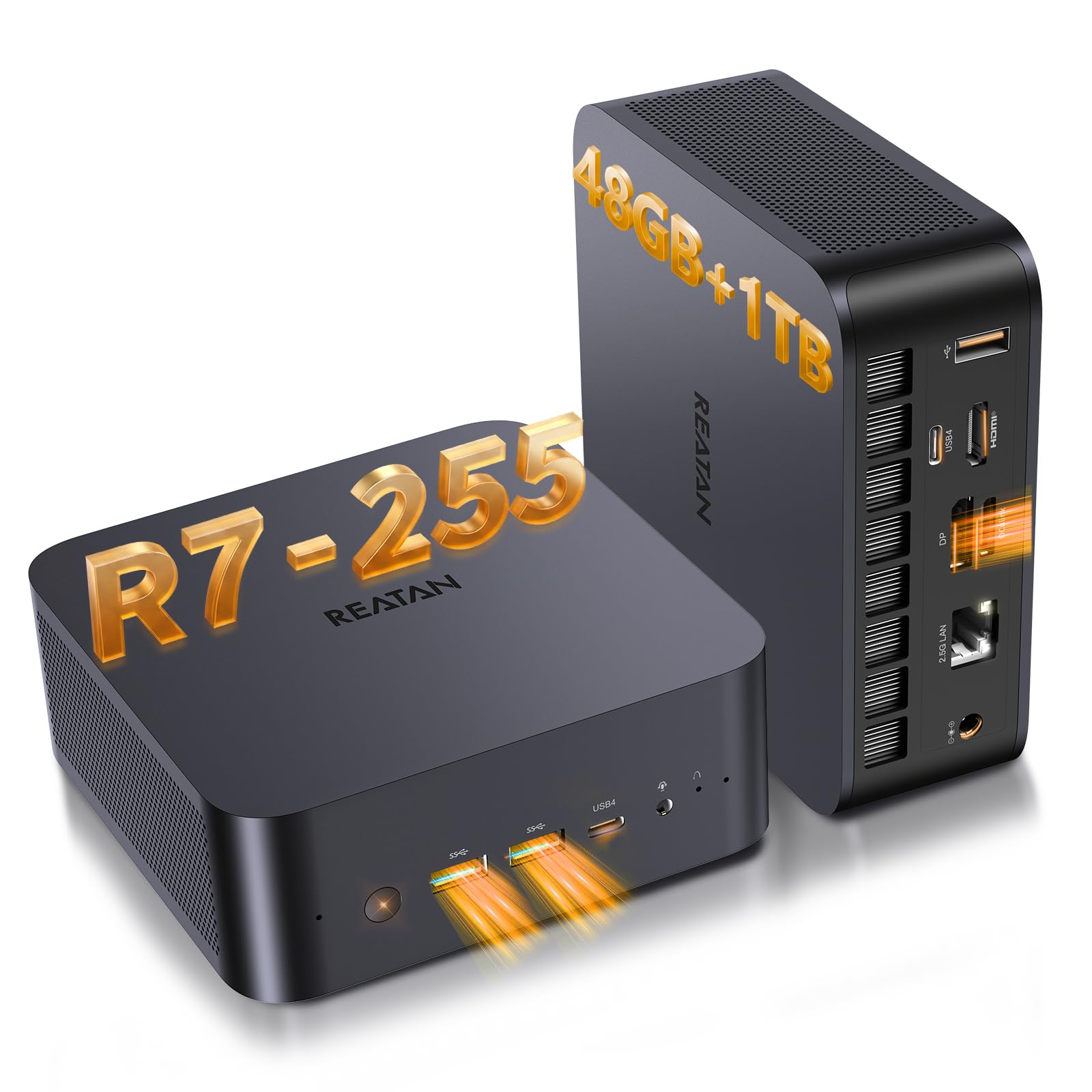 Reatan Gaming Mini PC,AMD Ryzen 7 255 (Beat 8745H,8C/16T, up to 4,9 GHz) Radeon 780M Equipped with Crucial 48GB RAM DDR5 + 1TB SSD 8K Quad-Screen Display USB4.0/ OCulink/WiFi 7 Business Games Home