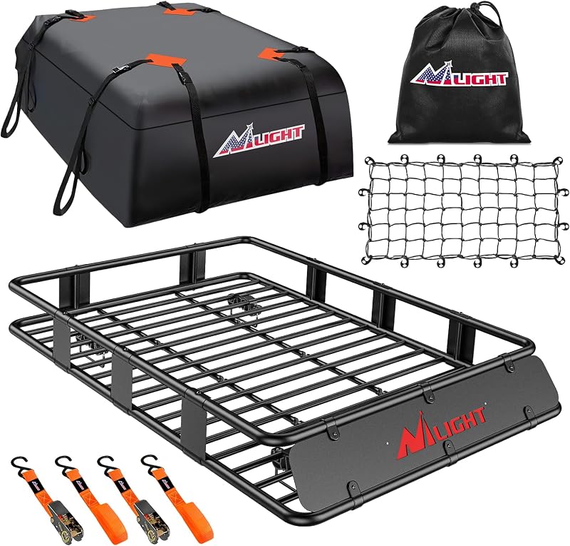 Nilight 64" x 39" x 6" Universal Roof Rack Cargo Basket | Rooftop Carrier, Max 250LBS Heavy-Duty Capacity Includes Cargo Waterproof Bag Net and Ratchet Straps for SUV and Truck Vehicle