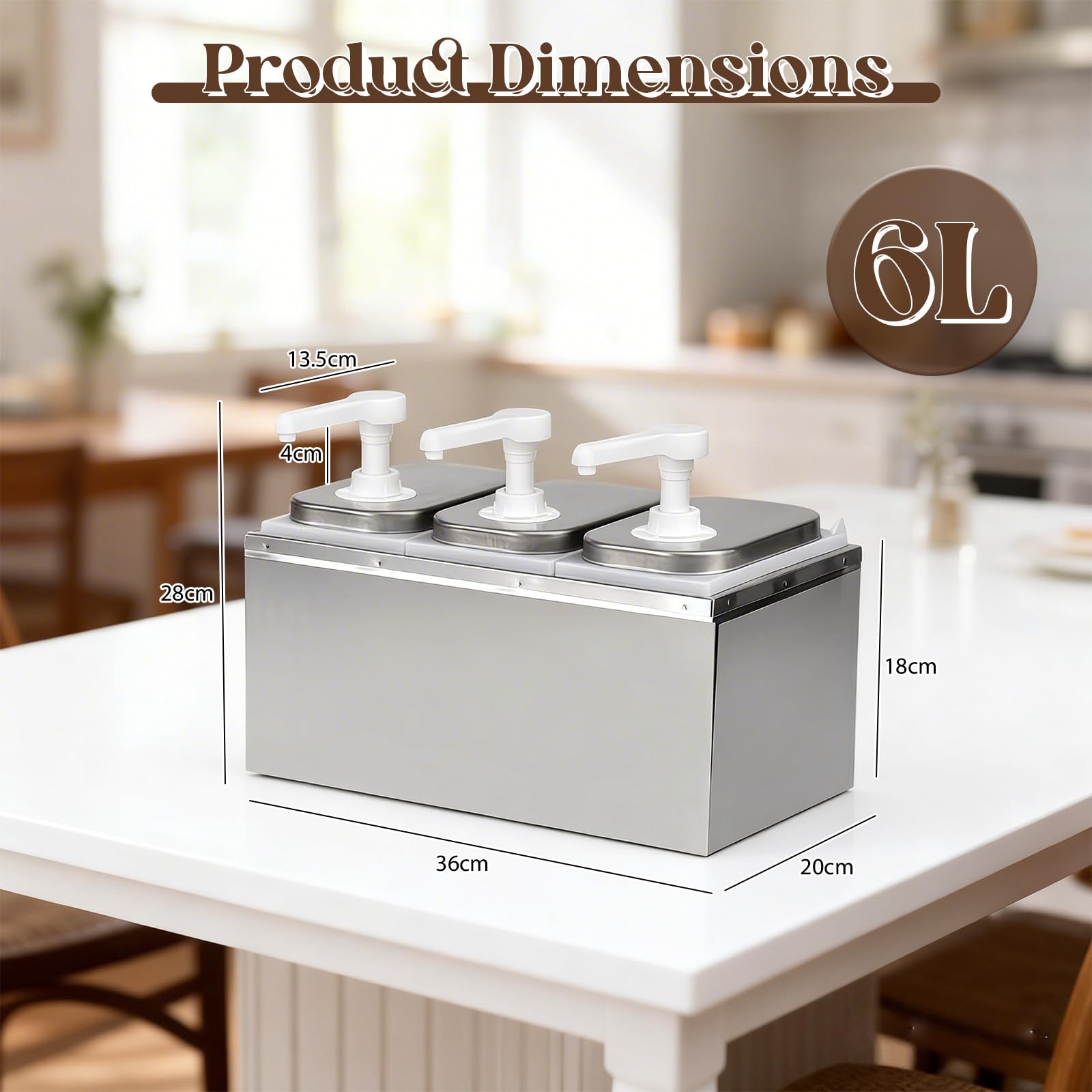 Dispenser per salse da 6 l, con 6 pompe girevoli a 360°, erogatore per salse, in acciaio inox 304, ideale per condimenti per insalata, senape, miele, marmellata, salsa al cioccolato