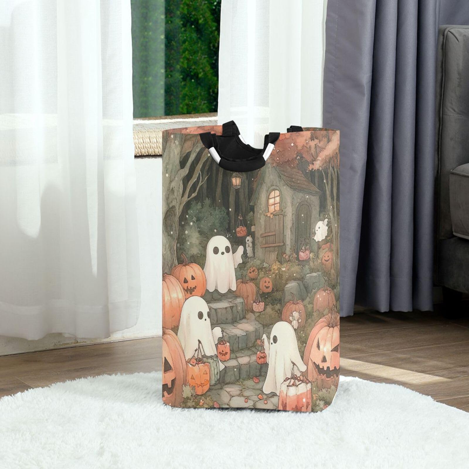 Jihqo Laundry Hamper Basket Halloween Pumpkin Ghost Collapsible Nursery Storage Bin Waterproof Clothing Baskets for Home Bedroom Bathroom Washing Room