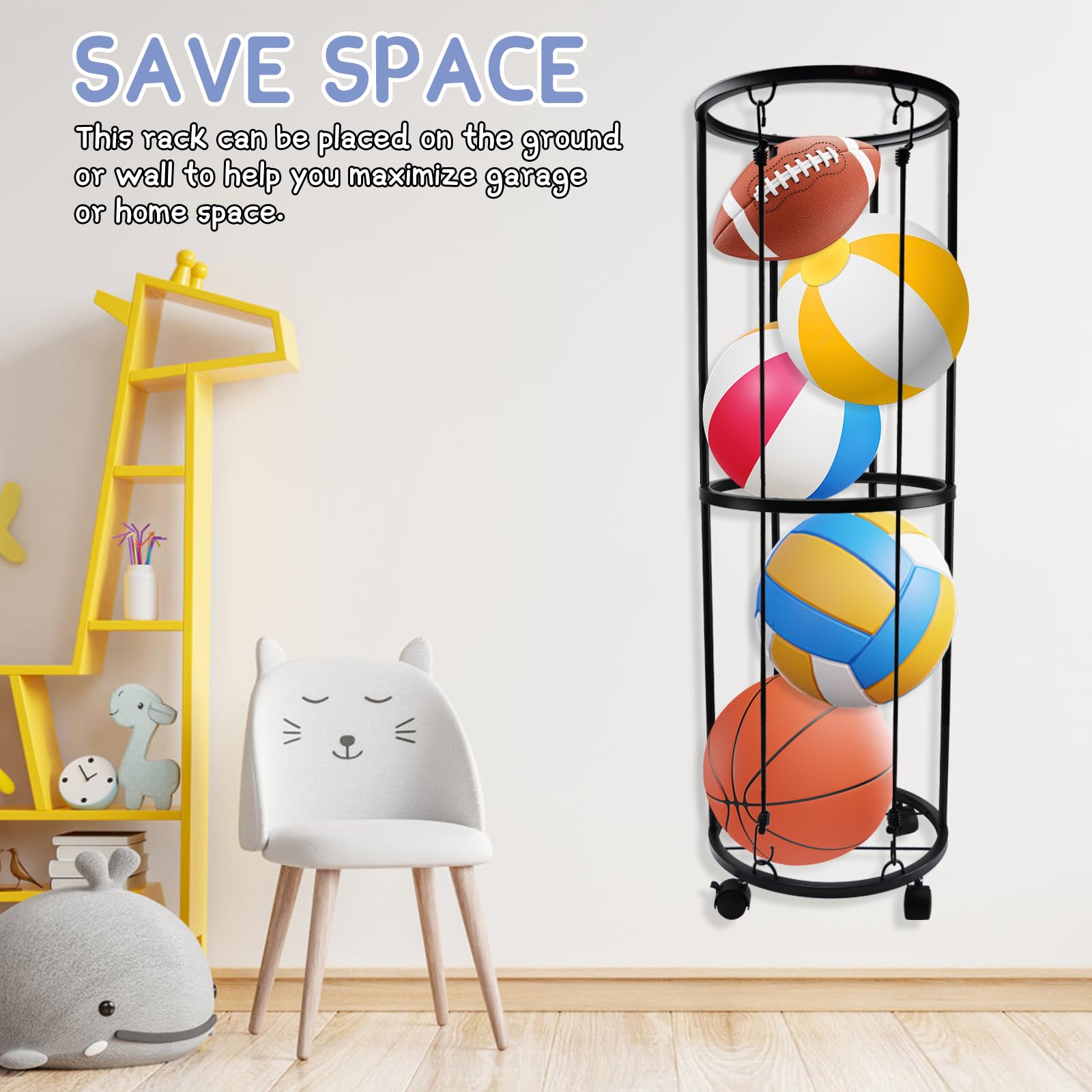 Verticale Support Ballon Basket, Organiseur d'Équipement de Sport, Support Ballon Foot, Rangement Ballon en Métal, Rangement pour Basketball, Football, Volleyball, 33.5 x 33.5 x 102 cm
