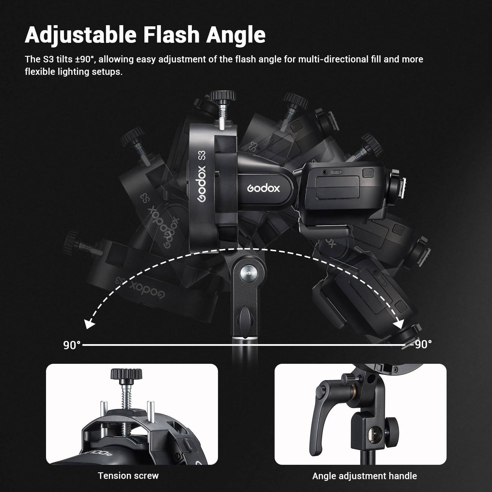 Godox S3 Bowen Mount S-Type Compacto y Ligero, Inclinación ±90°, Almohadilla para Godox AD200Pro II, AD300Pro II, para V1Pro /V100 /V860III / TT685II / V480 (Versión Actualizada de S2)