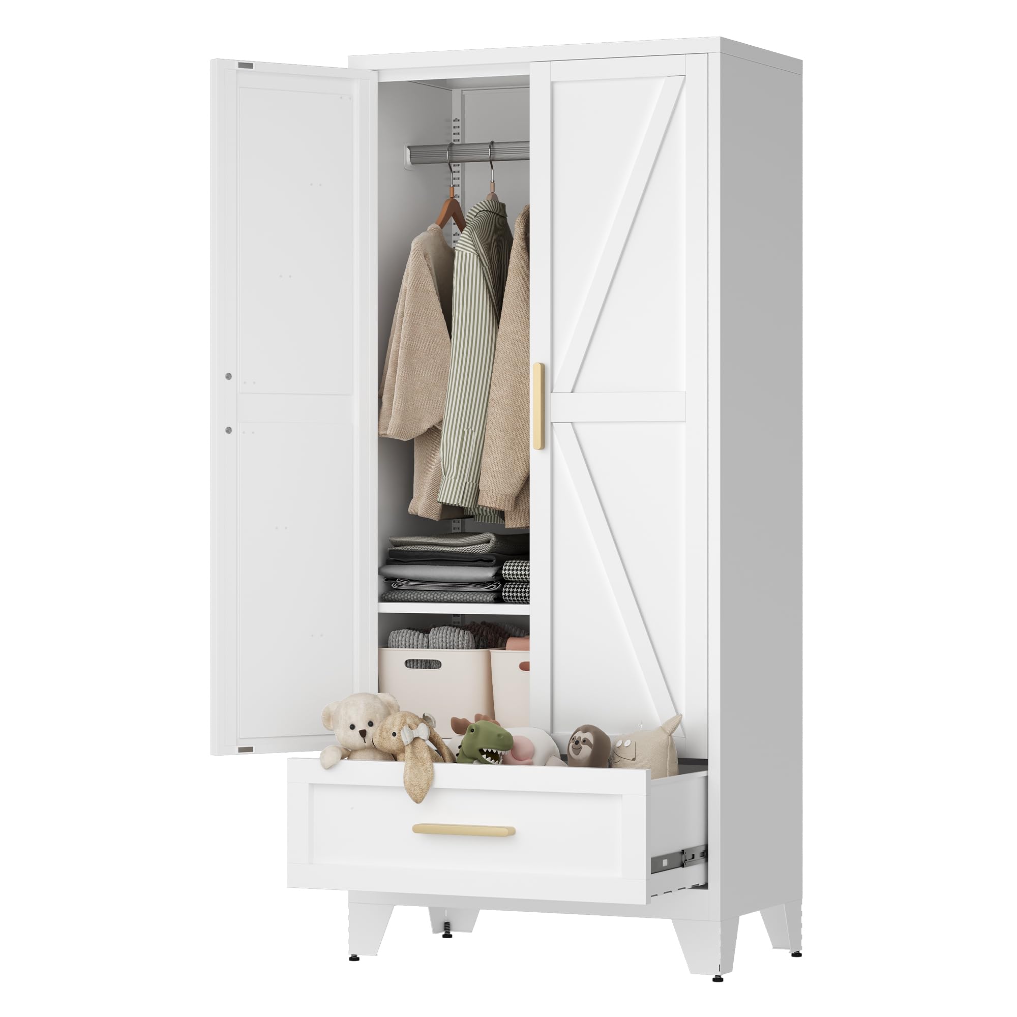 71" Tall Metal Wardrobe Cabinet with Drawer and Hanging Rod, 2 Doors Armoire Wardrobe Closet with Shelf for Bedroom, Office, Laundry Room, White