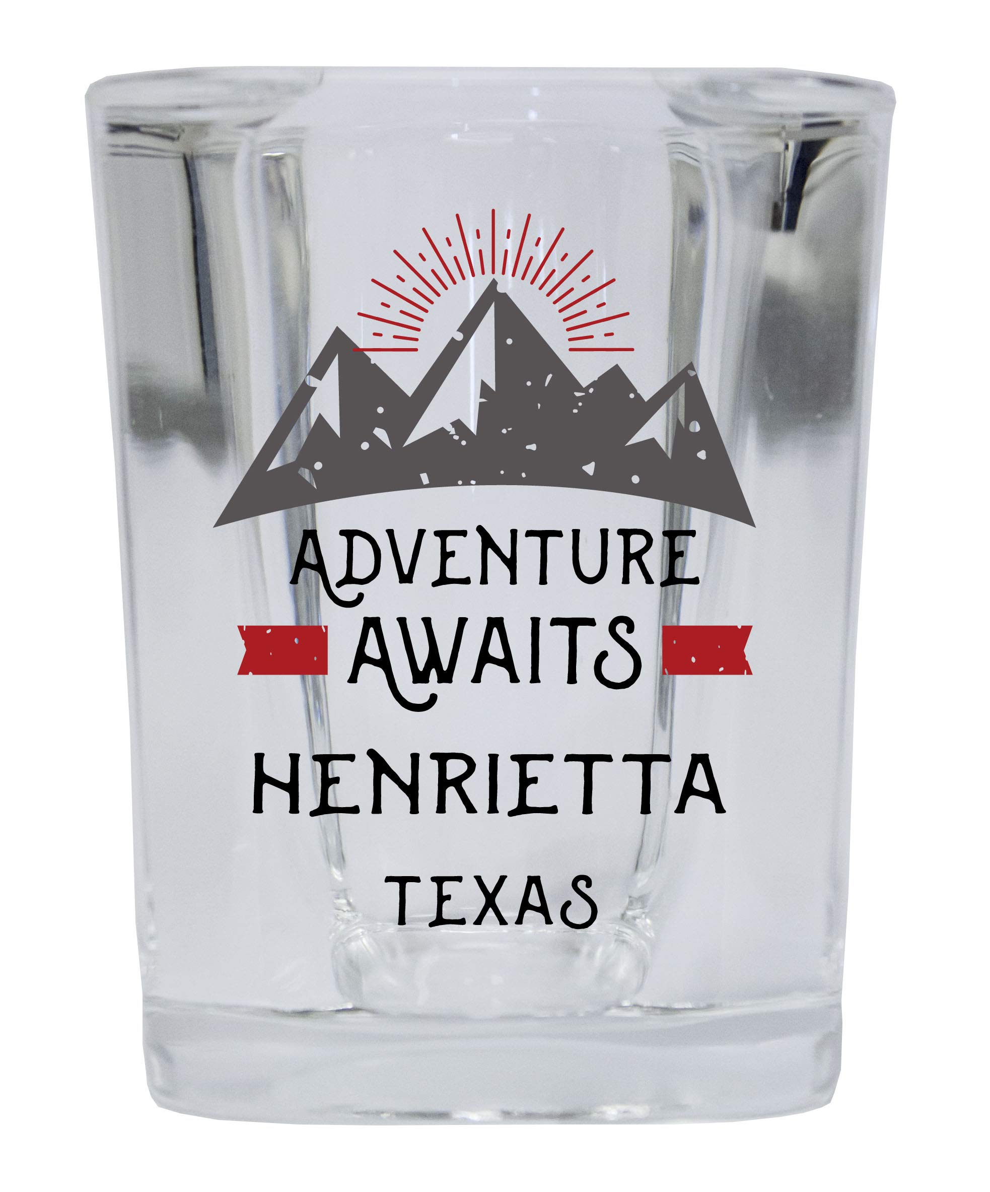 Henrietta Texas Souvenir 2 Ounce Square Base Liquor Shot Glass Adventure Awaits Design
