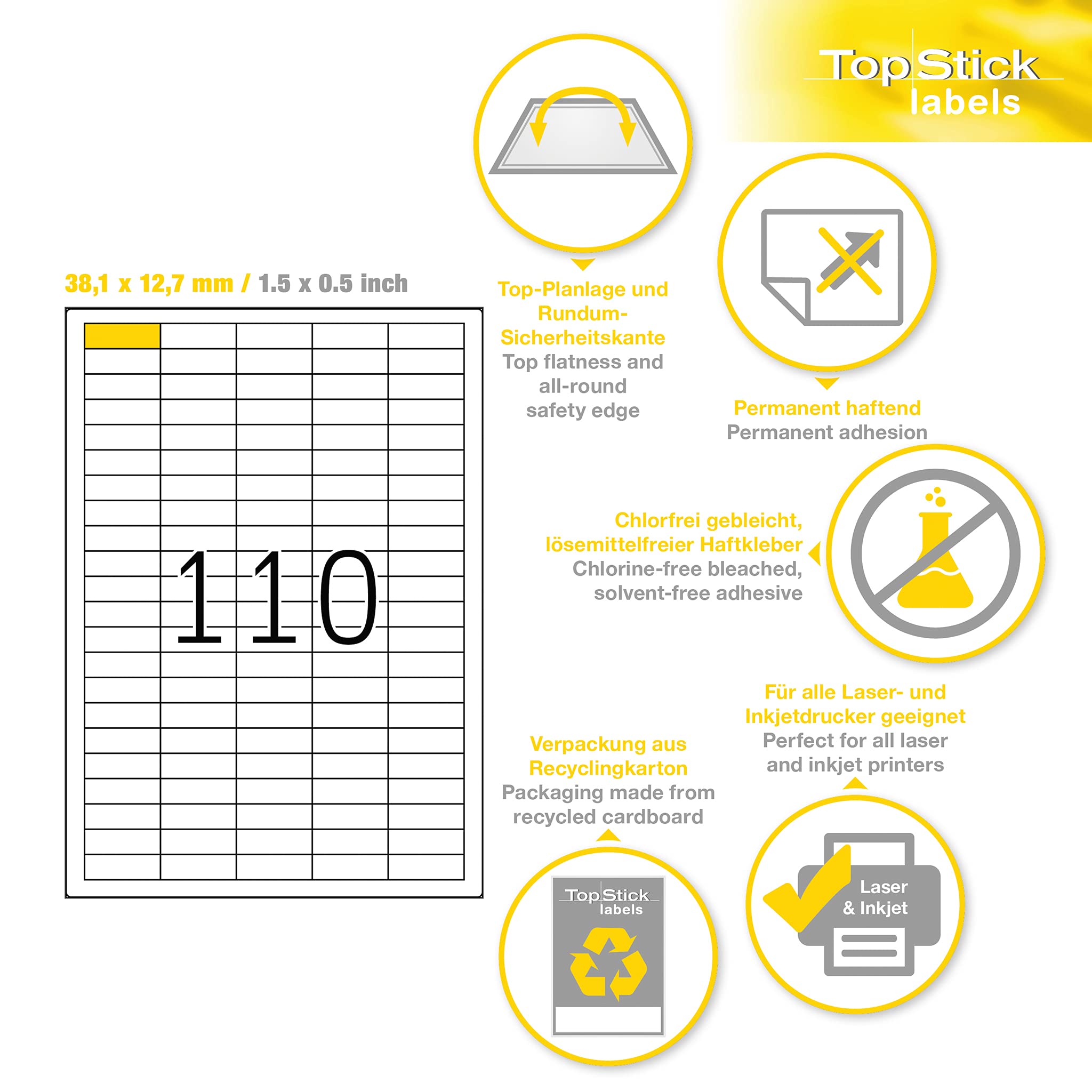 TopStick 8727 Etykiety wielofunkcyjne, 110 etykiet na arkusz A4, 38,1 x 12,7 mm, 110 000 etykiet, samoprzylepne, mini naklejki do drukarek laserowych i atramentowych, białe