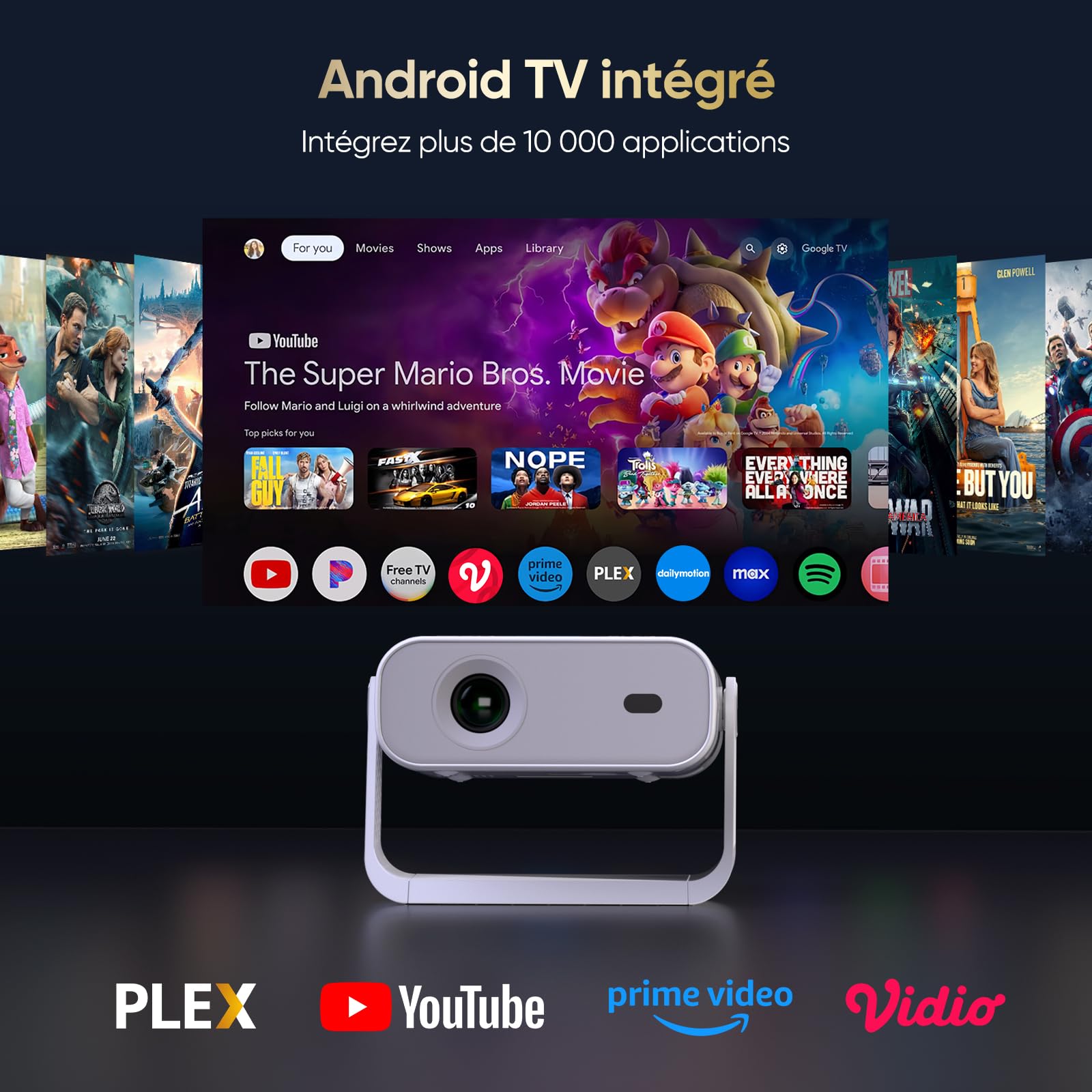 Videoprojecteur Intelligent Applications Intégrées, Rétroprojecteur 1080P Supporte 4K, WiFi 6 Bluetooth 5.2, 280 ANSI, Correction Trapézoïdale Automatique Focus Électronique, pour Android iOS HDMI