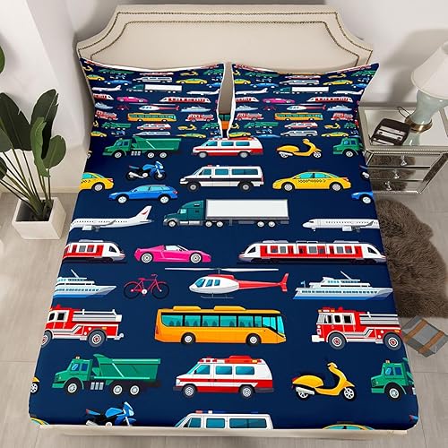 Miniatura 2 de Erosebridal Juego de sábanas de camioneta de policía para niños, sábanas de camión de bomberos, tamaño matrimonial, sábana bajera ajustable para