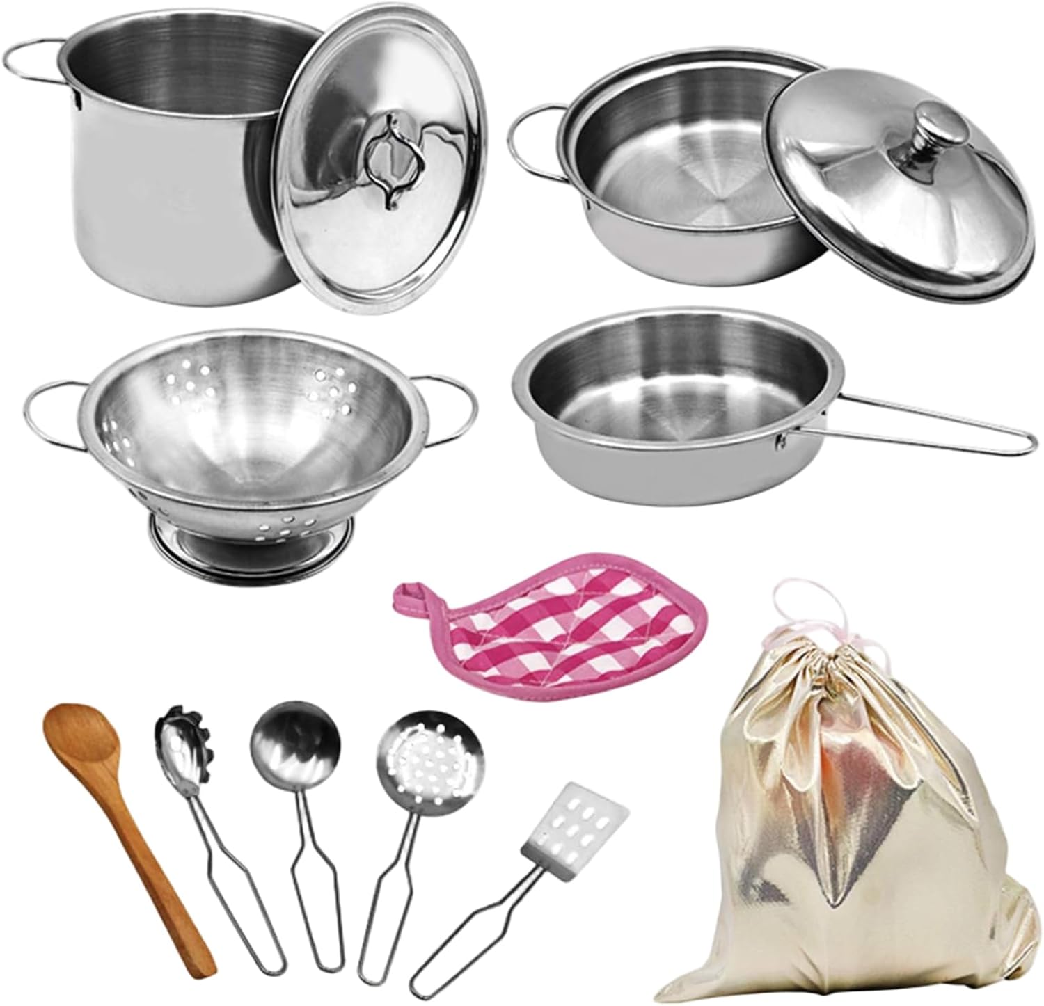 Kids Pots and Pans Playset 12PCS/Set, Stainless Steel Play Pots and Pans Pretend Cooking Utensils with Storage Bag