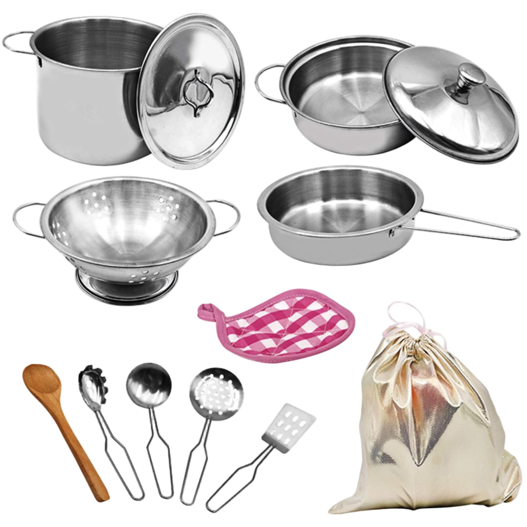 Faroby Kids Pots and Pans Playset 12PCS/Set, Stainless Steel Play Pots and Pans Pretend Cooking Utensils with Storage Bag