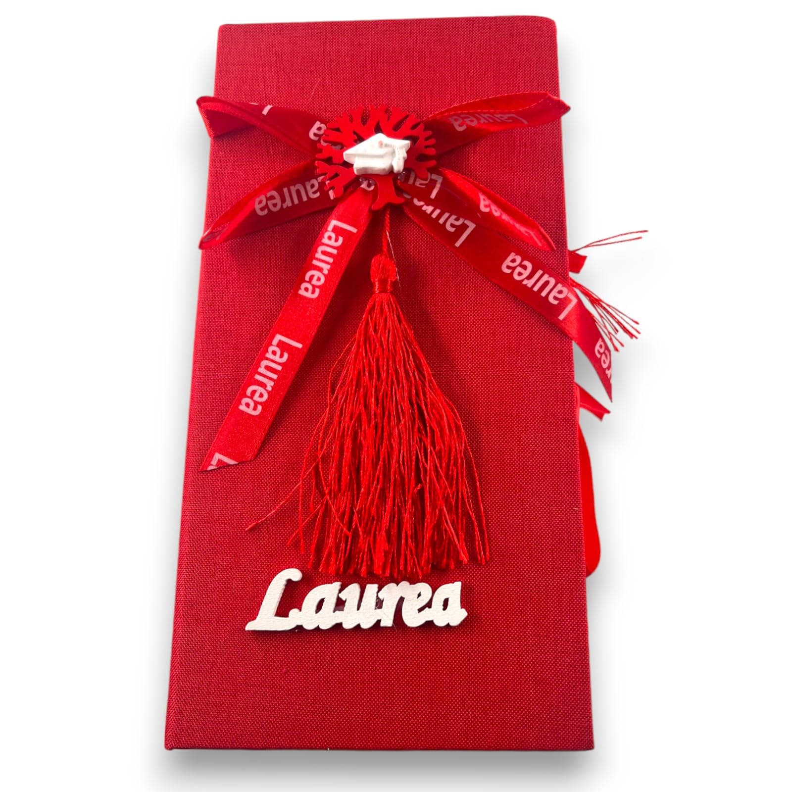 Scatola Box Libro Ricordo Laurea in Tela Rossa Decorazioni Bianche con 12 Scatoline Portaconfetti Idea Regalo Pary Cerimonia Festa