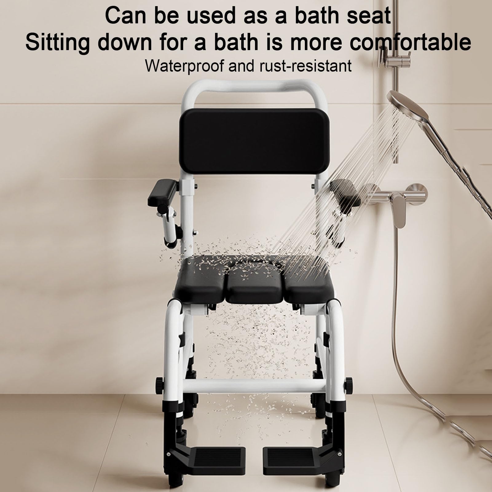 Silla Ducha con Ruedas, Silla De Ducha con Respaldo Y Apoyabrazos, Silla WC Personas Mayores con Cubeta Extraíble, Reposapiés Y Reposabrazos Abatibles, Altura Ajustable, Carga hasta 100kg